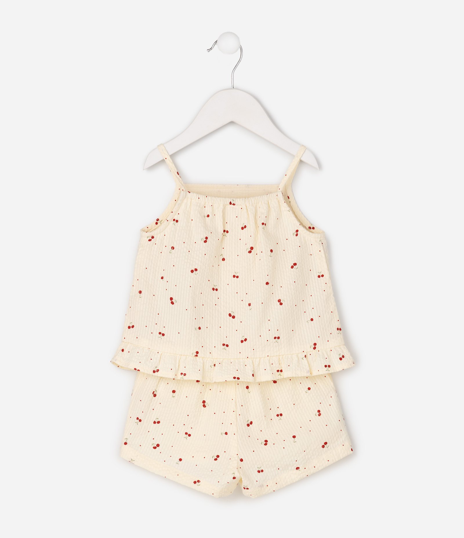Conjunto Infantil Em Algodão Mini Cerejas com Bata de Babado - Tam 3 a 18 meses Bege 4