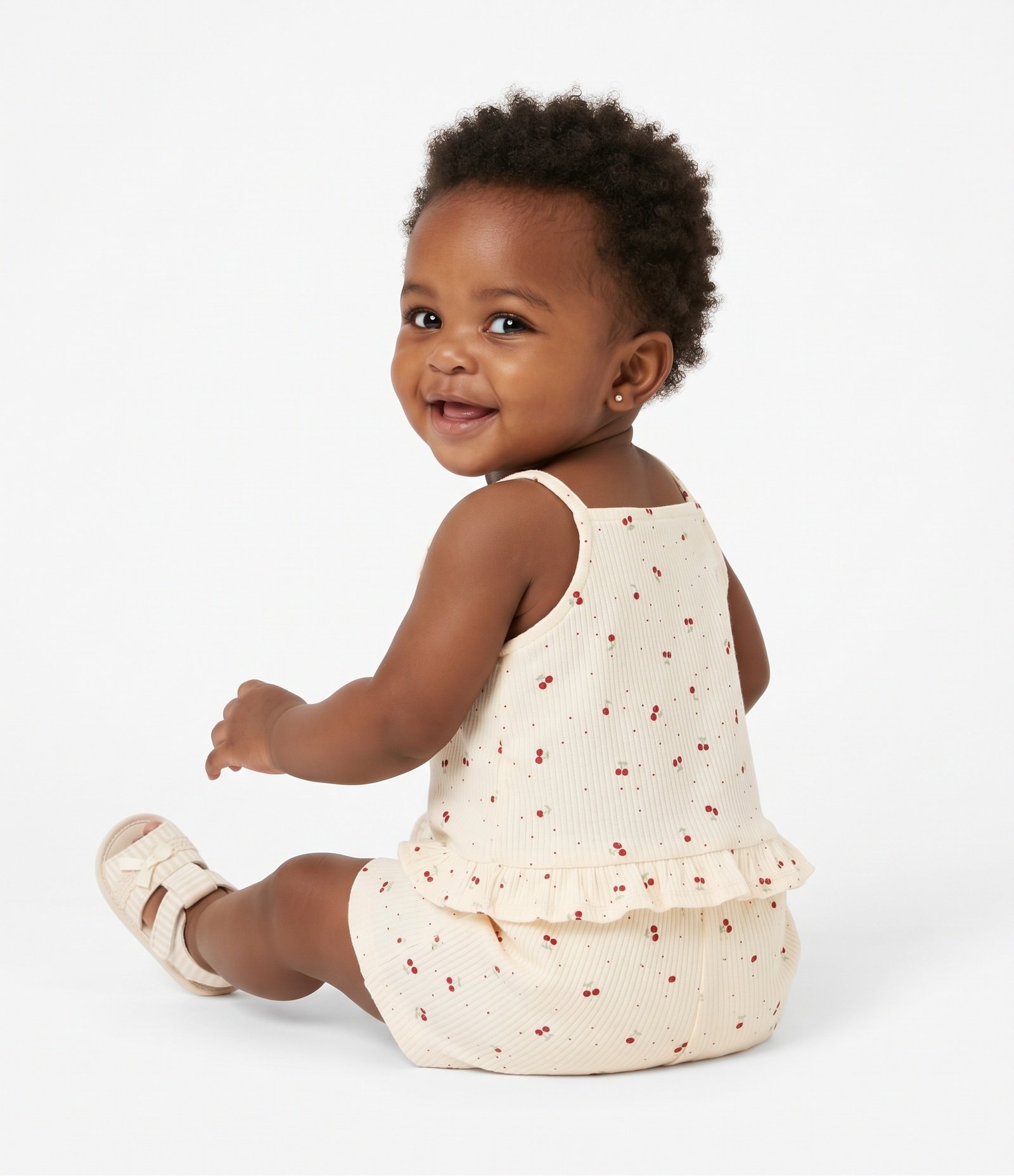 Conjunto Infantil Em Algodão Mini Cerejas com Bata de Babado - Tam 3 a 18 meses Bege 7
