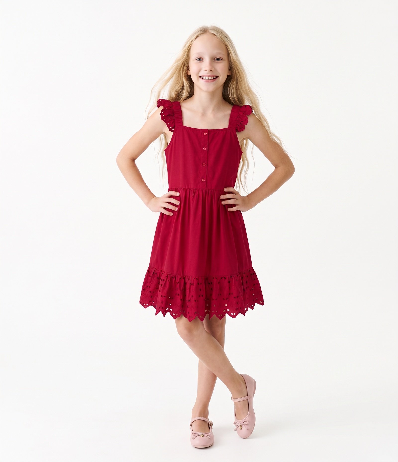 Vestido Viscose Curto Infantil com Broderie e Botões - Tam 5 a 14 Anos Vermelho 1