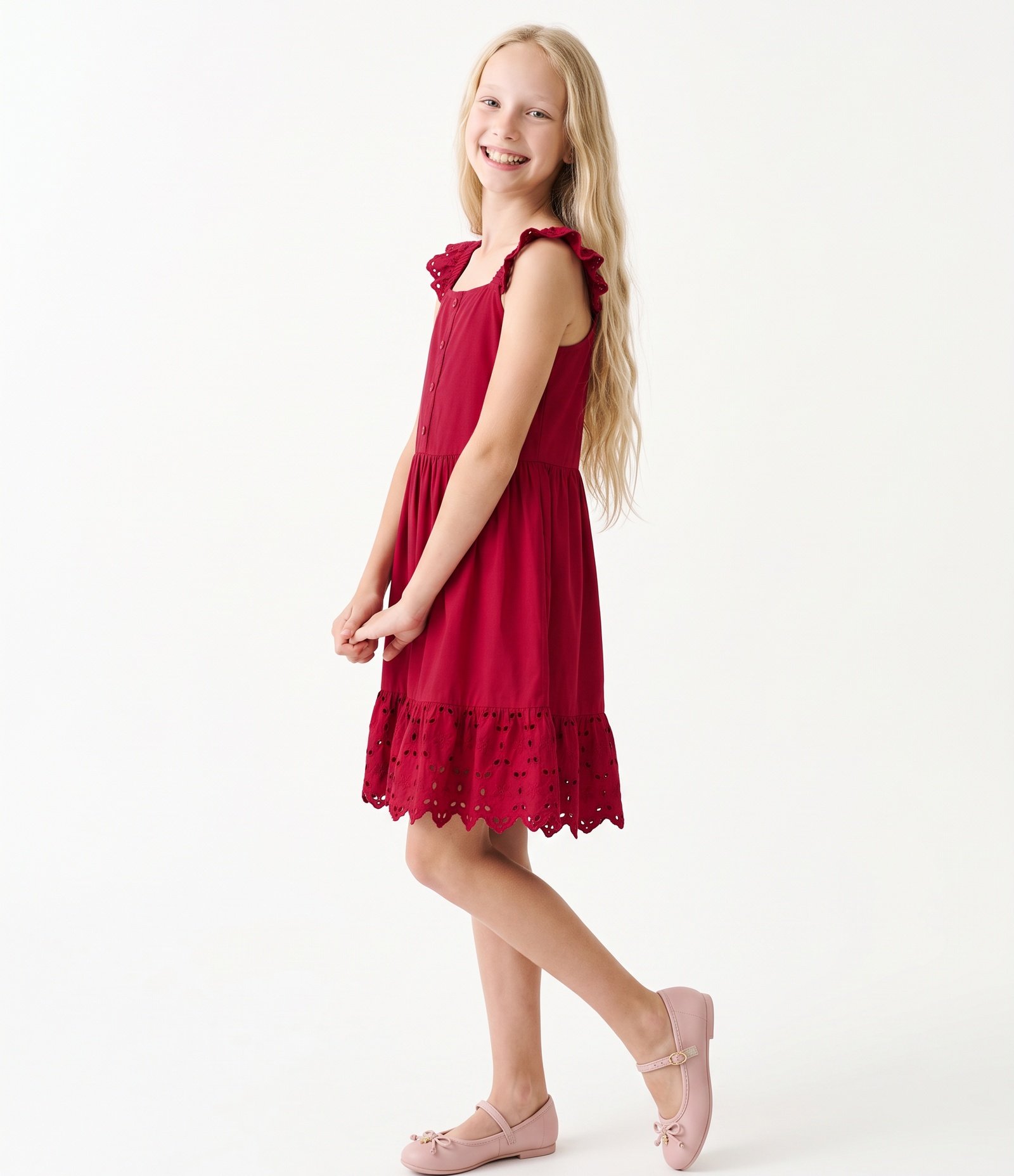 Vestido Viscose Curto Infantil com Broderie e Botões - Tam 5 a 14 Anos Vermelho 2