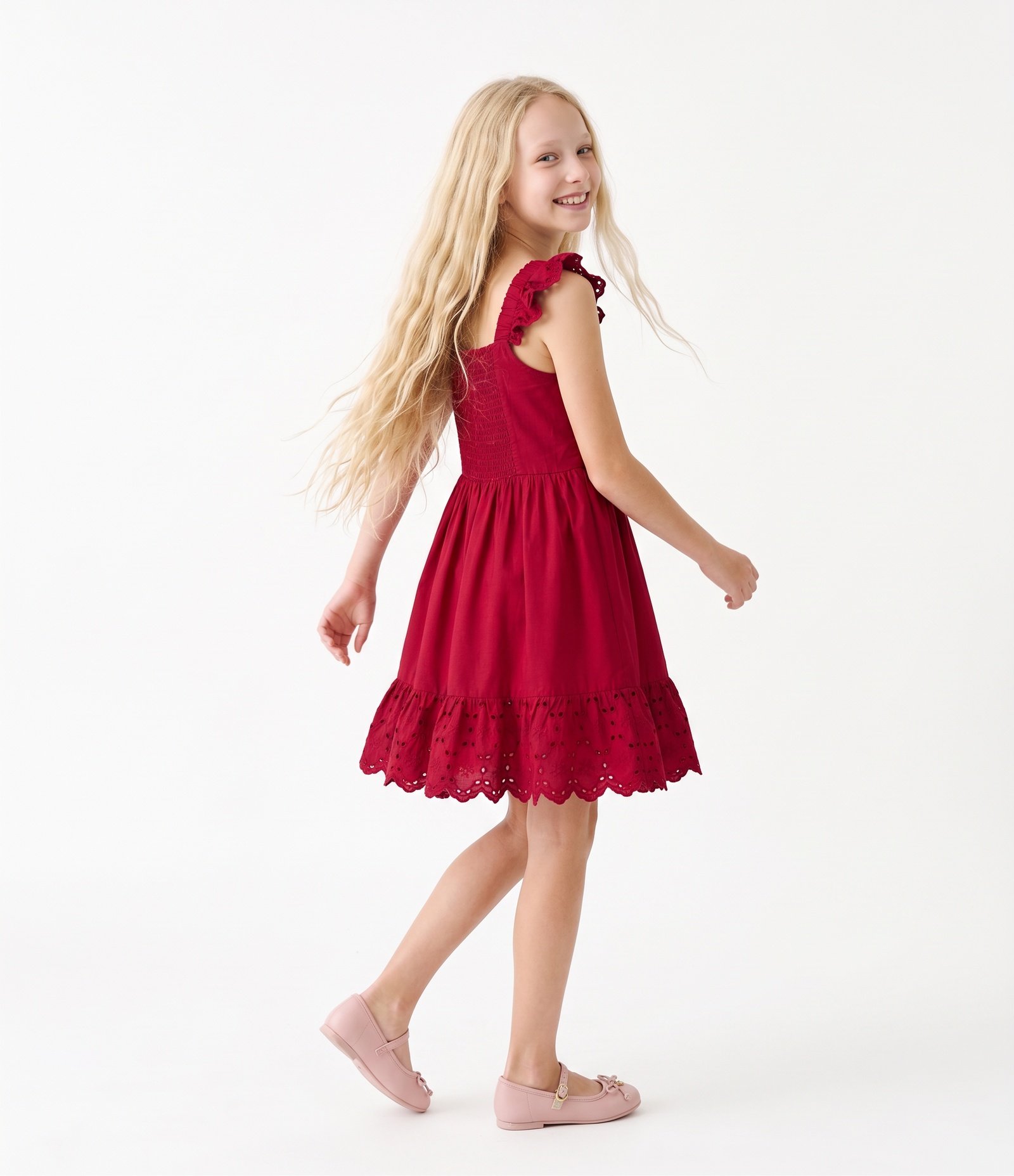 Vestido Viscose Curto Infantil com Broderie e Botões - Tam 5 a 14 Anos Vermelho 3