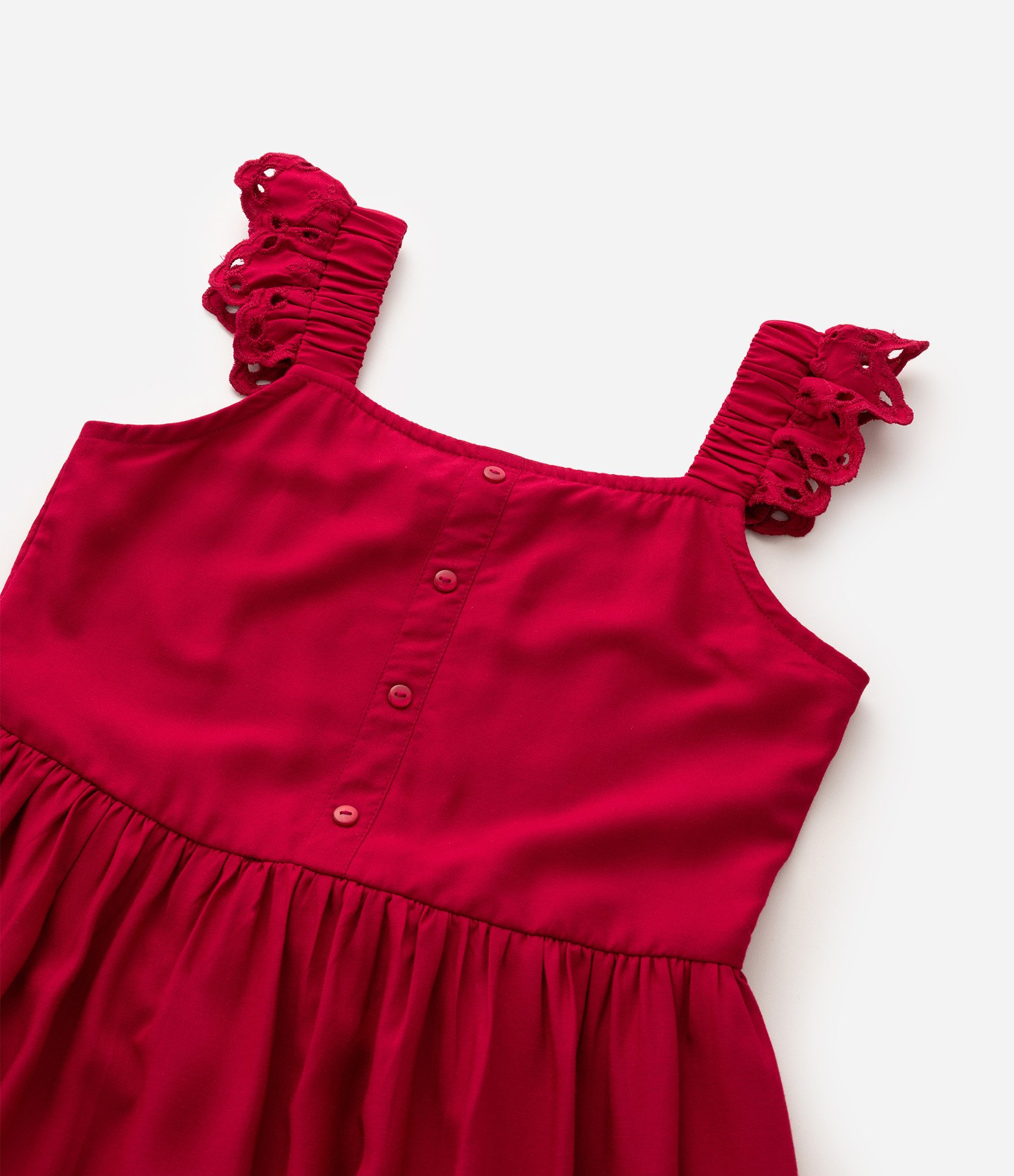 Vestido Viscose Curto Infantil com Broderie e Botões - Tam 5 a 14 Anos Vermelho 6