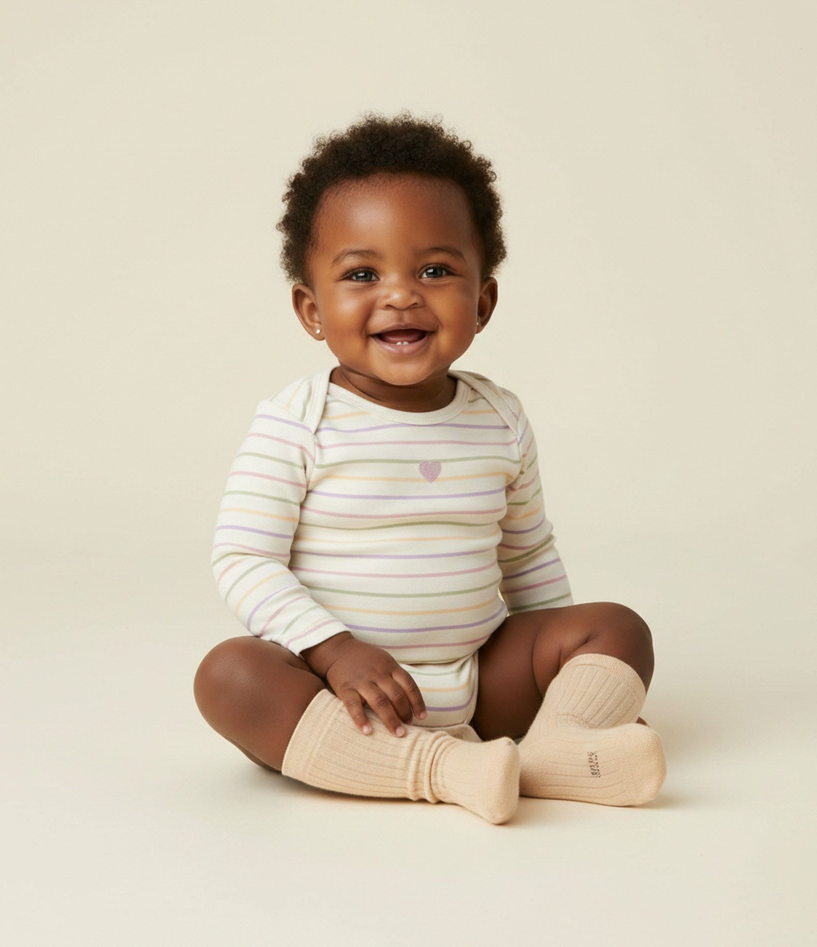 Body Infantil Listrado com Bordado Coração – Tam 0 a 18 Meses Bege Claro 1