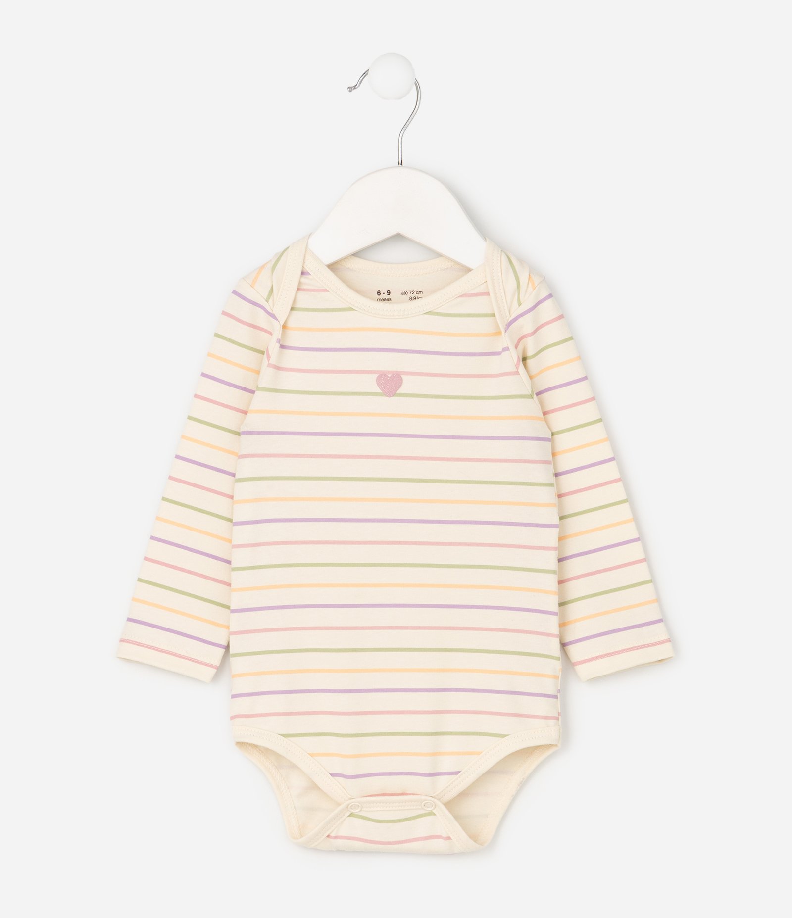 Body Infantil Listrado com Bordado Coração – Tam 0 a 18 Meses Bege Claro 2