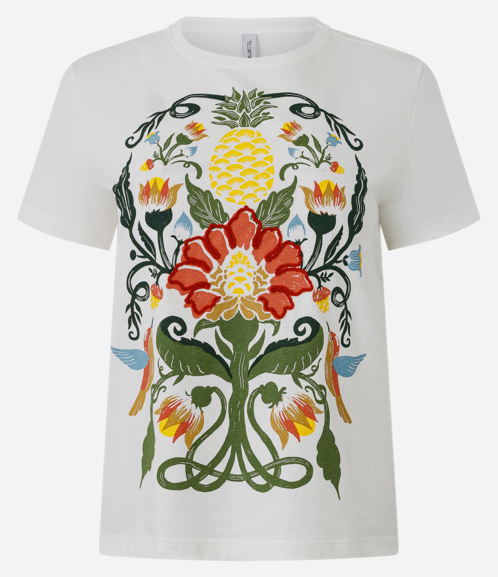 Camiseta em Algodão com Estampa Flor Aplicada Branco 1