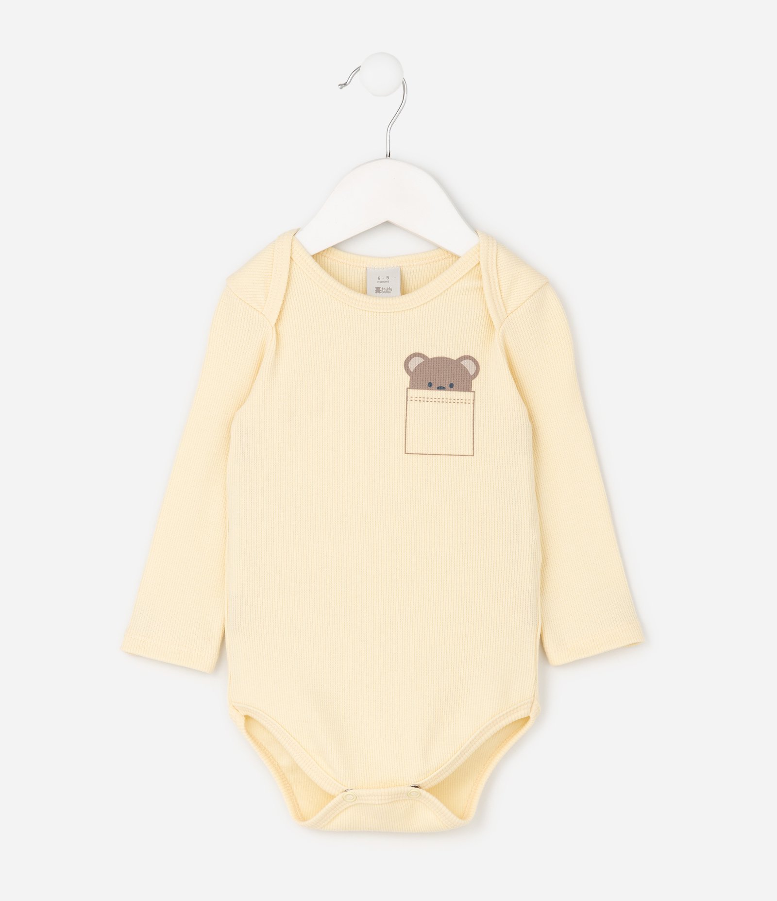 Body Infantil Canelado com Estampa de Bolsinho Urso – Tam 0 a 18 Meses Amarelo Claro 1
