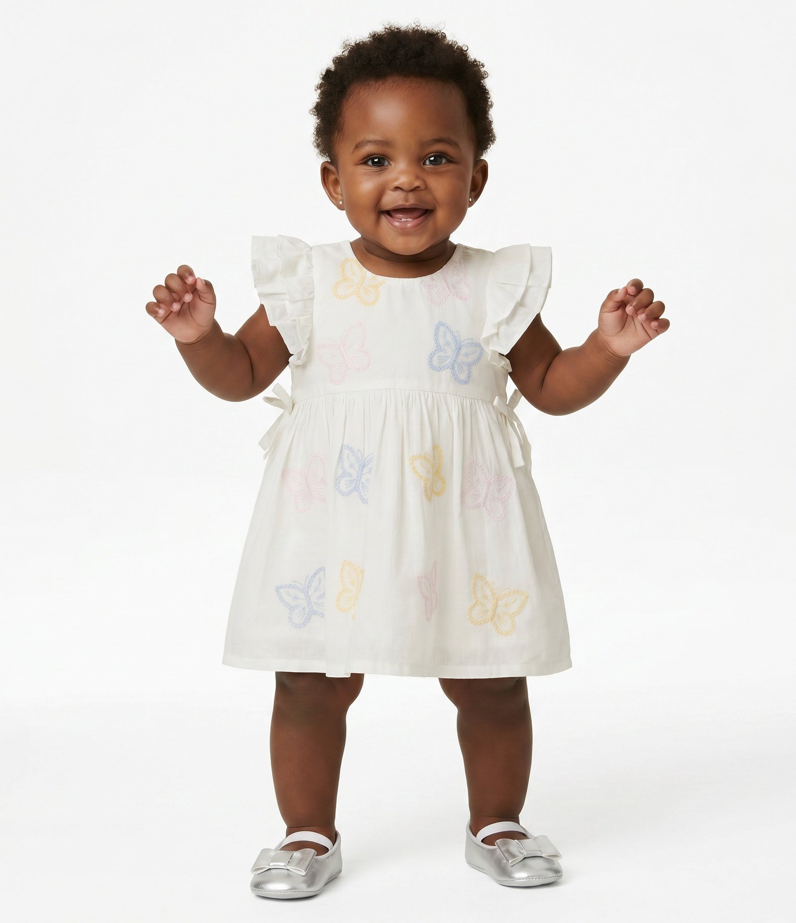 Vestido Infantil em Tricoline com Borboletas e Babados - Tam 0 a 18 Meses Bege 1