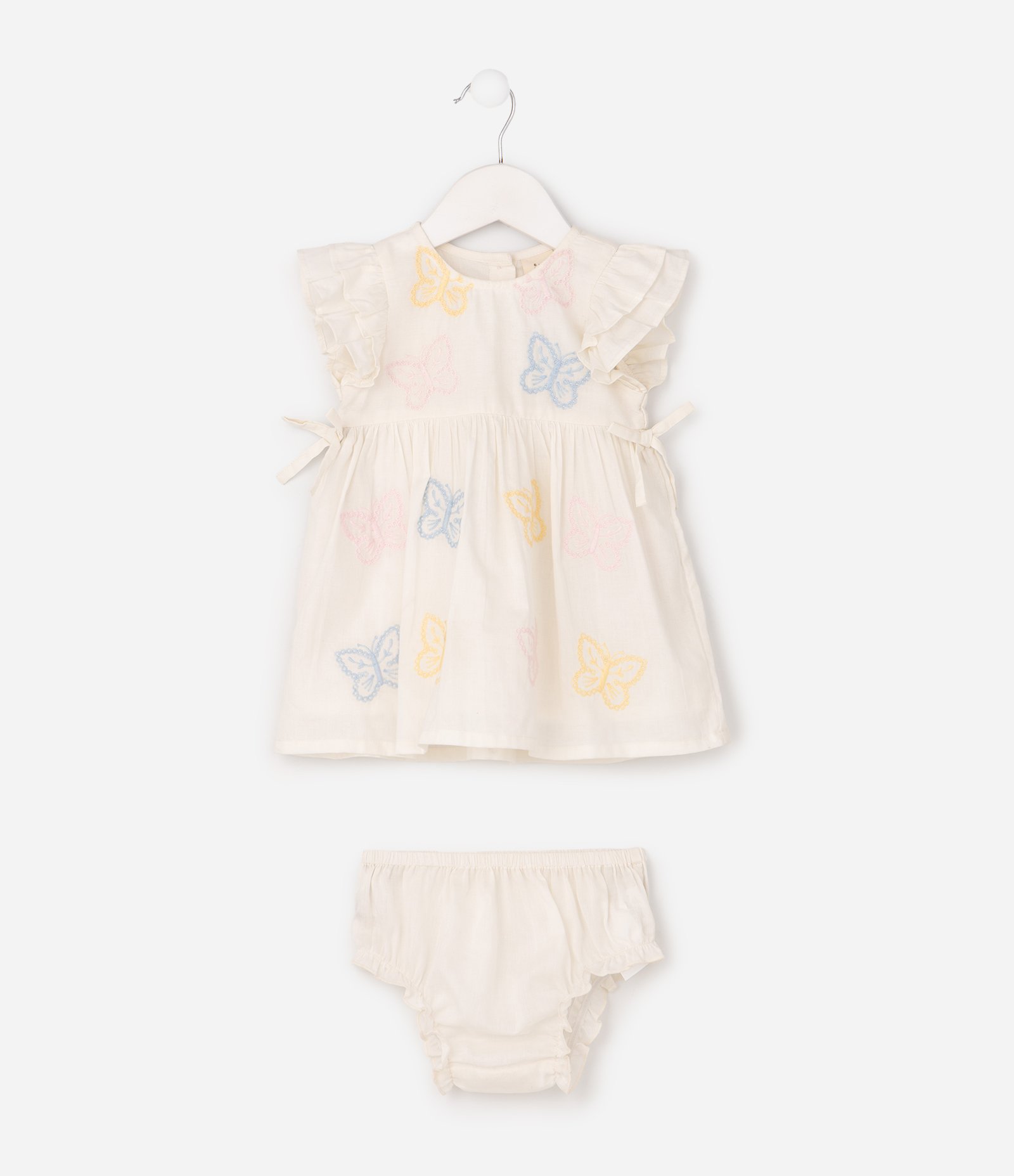 Vestido Infantil em Tricoline com Borboletas e Babados - Tam 0 a 18 Meses Bege 2