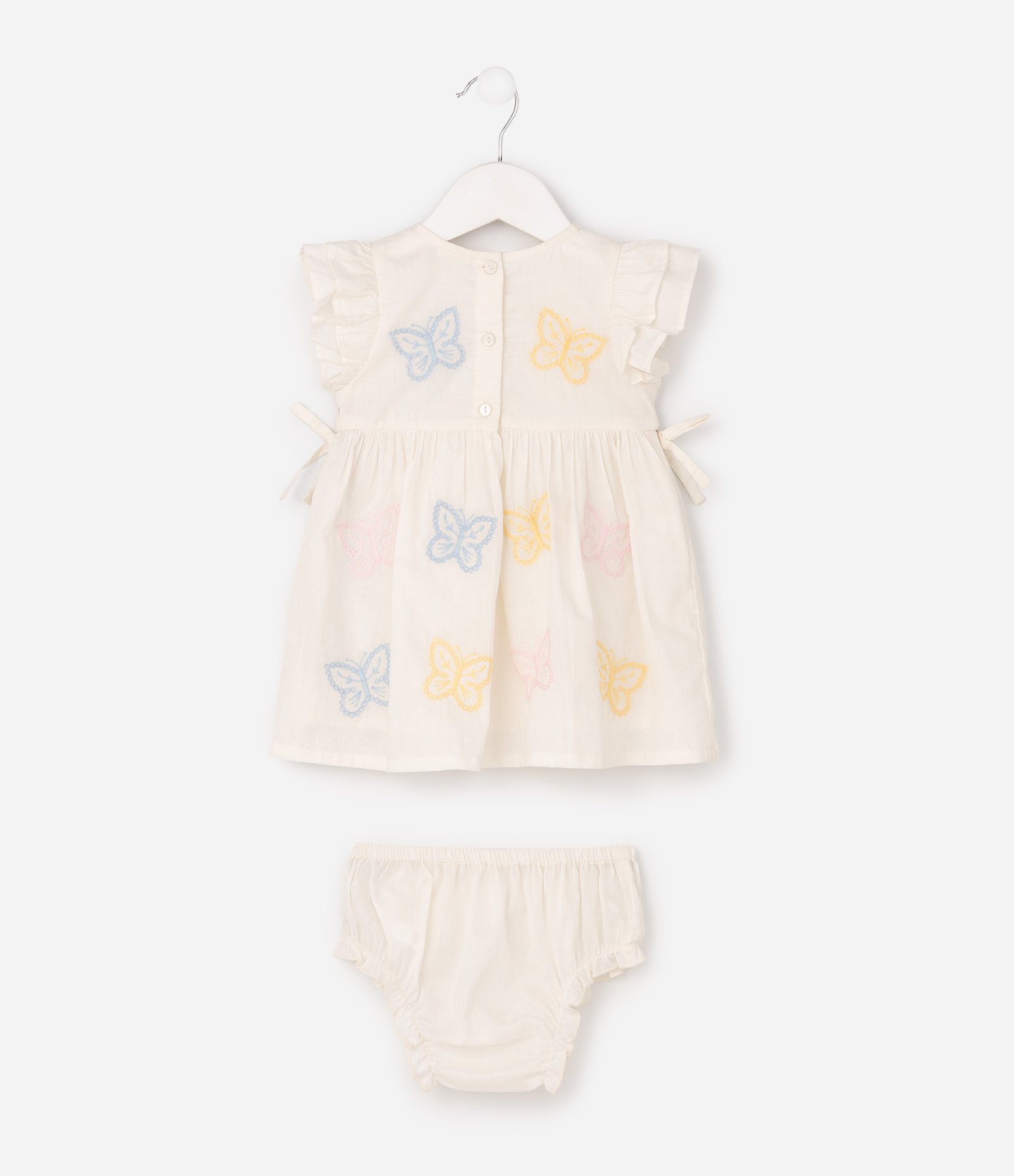 Vestido Infantil em Tricoline com Borboletas e Babados - Tam 0 a 18 Meses Bege 3