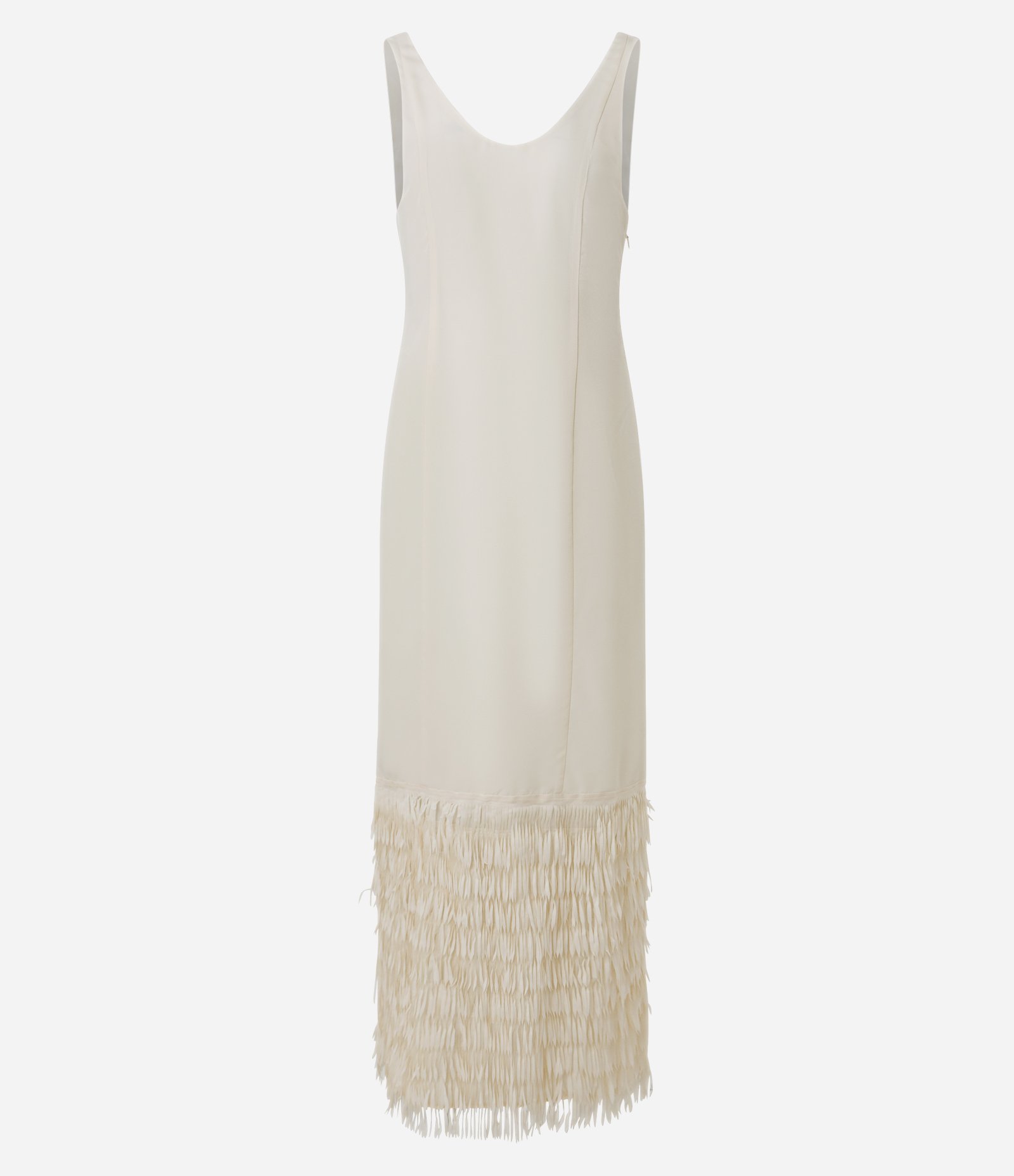 Vestido Midi em Crepe com Decote U e Franjas na Barra Bege 5