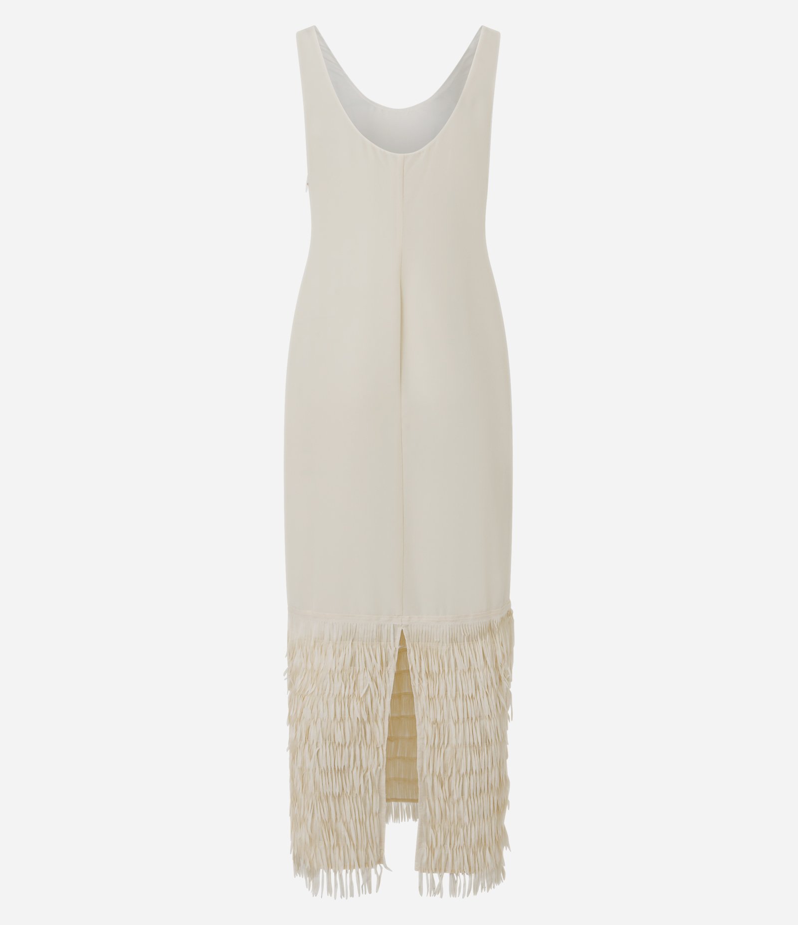 Vestido Midi em Crepe com Decote U e Franjas na Barra Bege 7
