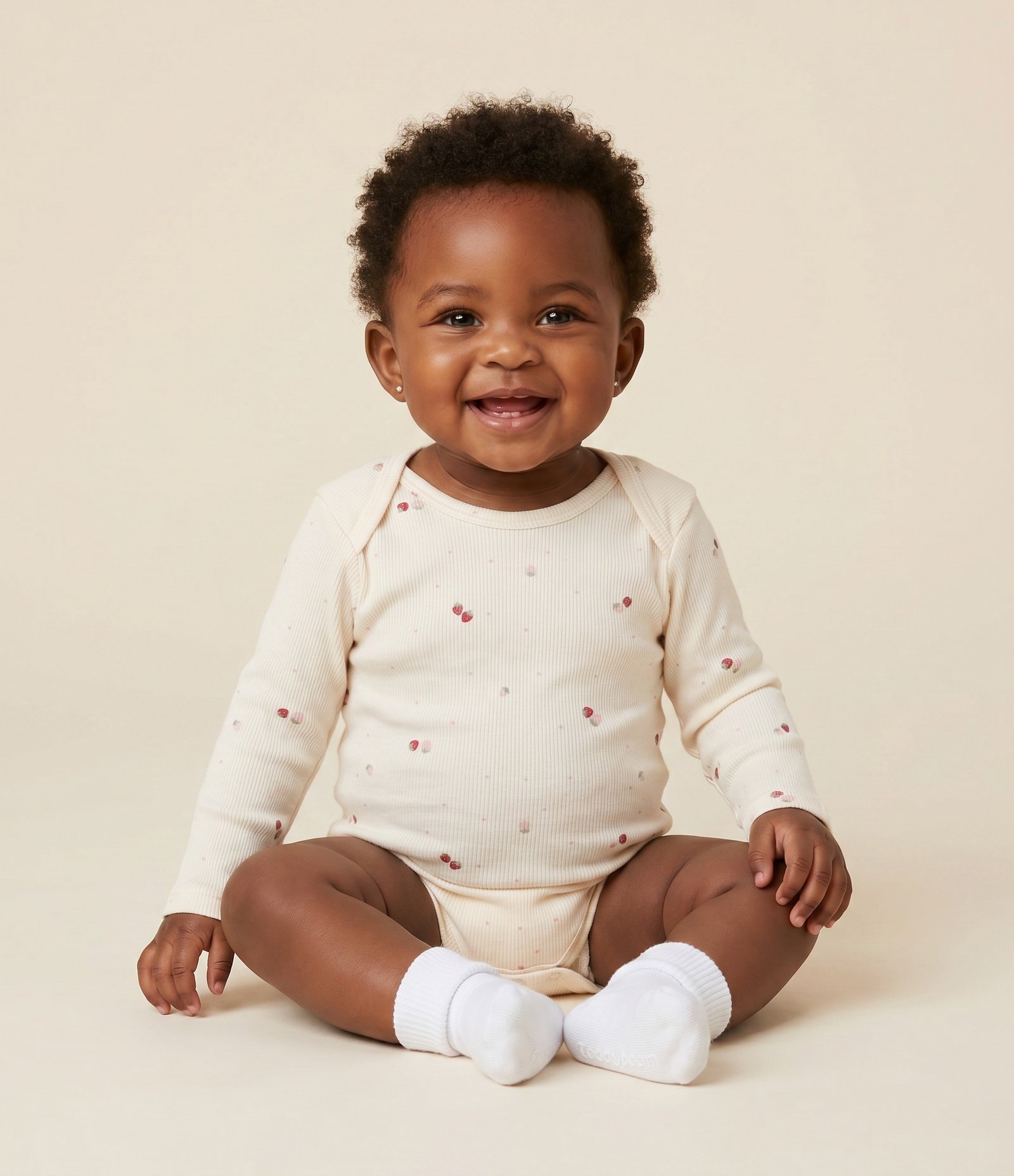 Body Bebê em Ribana com Estampa Mini Morangos – Tam RN a 18 Meses Bege 1