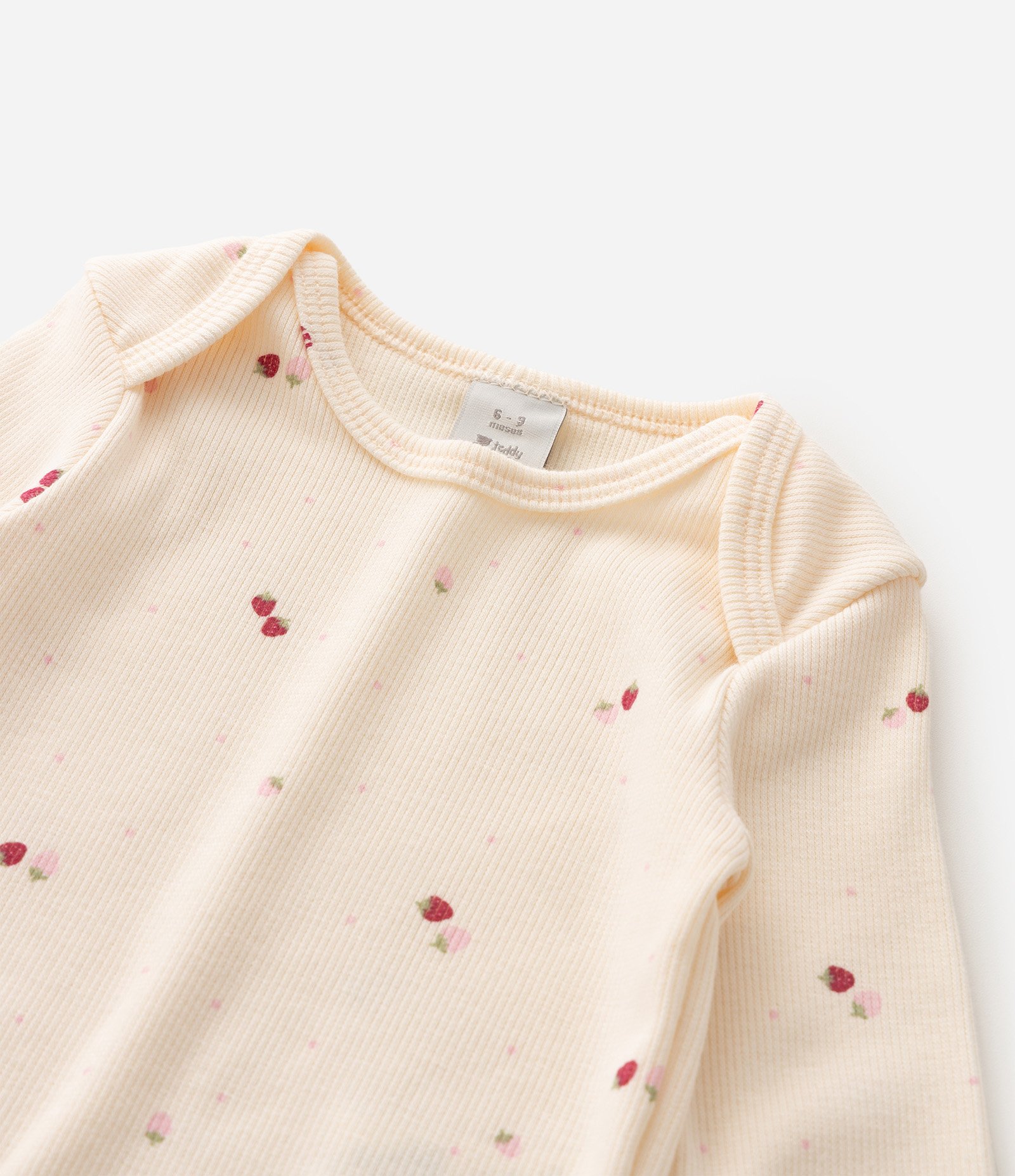 Body Bebê em Ribana com Estampa Mini Morangos – Tam RN a 18 Meses Bege 5