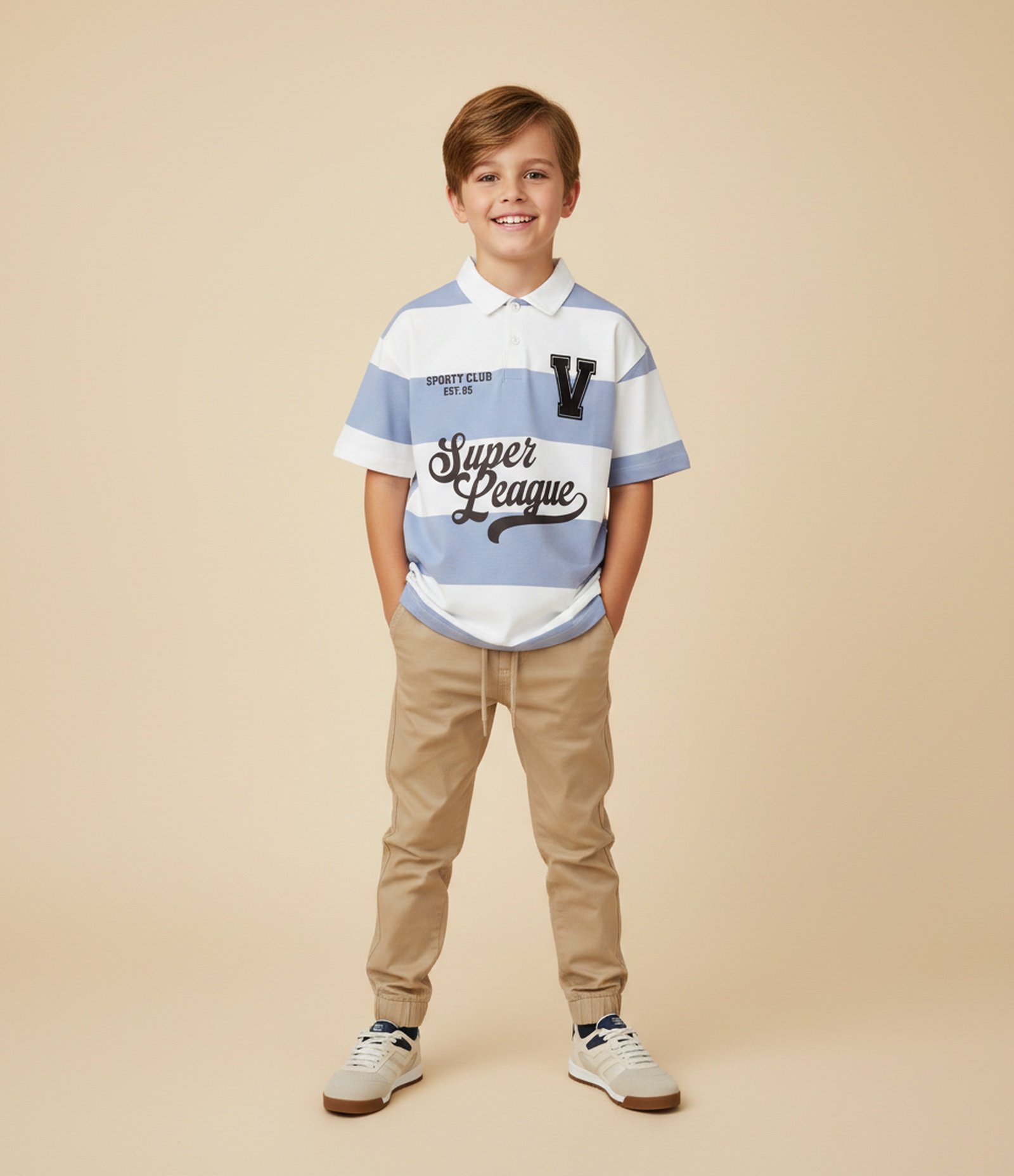 Camiseta Infantil Polo em Algodão com Estampa Listrada – Tam 5 a 14 Anos Azul/Branco 1