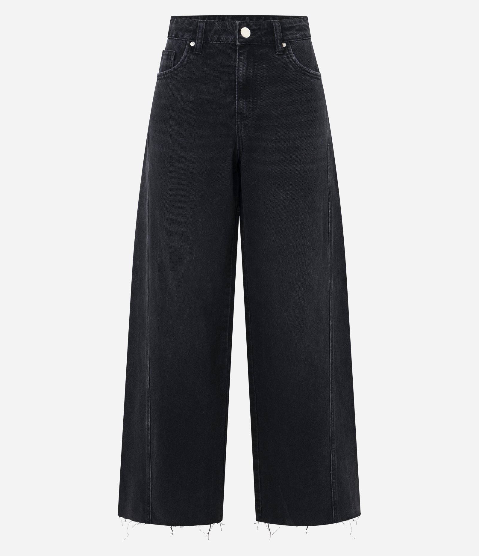 Calça Wide em Jeans com Cintura Média e Recortes Preto 1