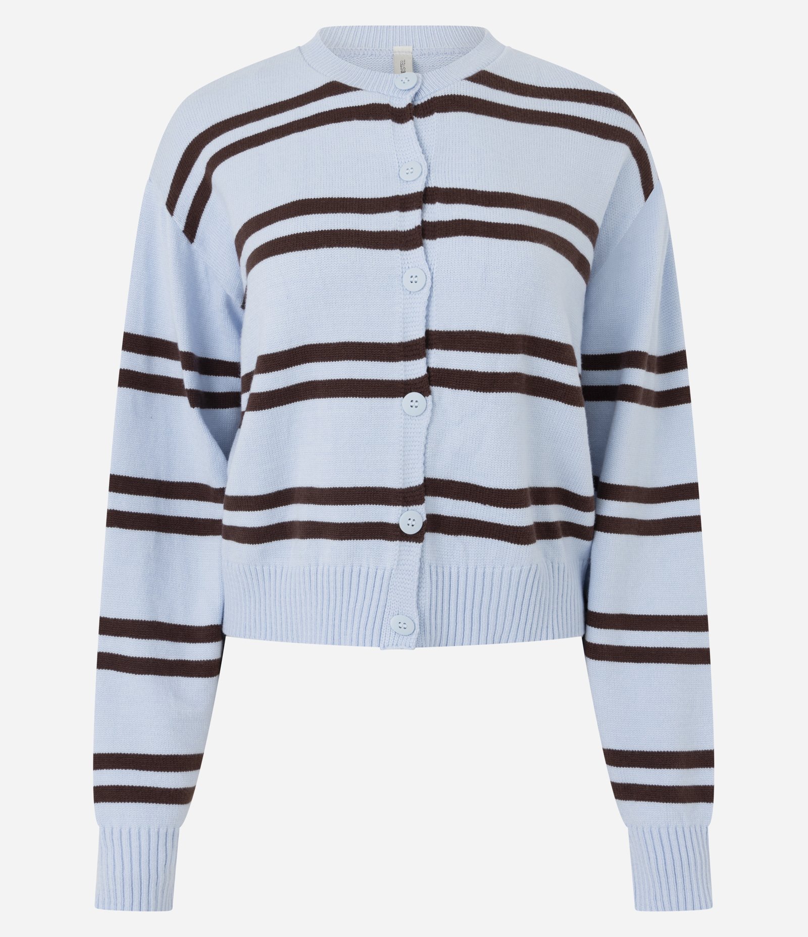 Cardigan Curto em Tricô Listrado com Abotoamento Azul Claro 1