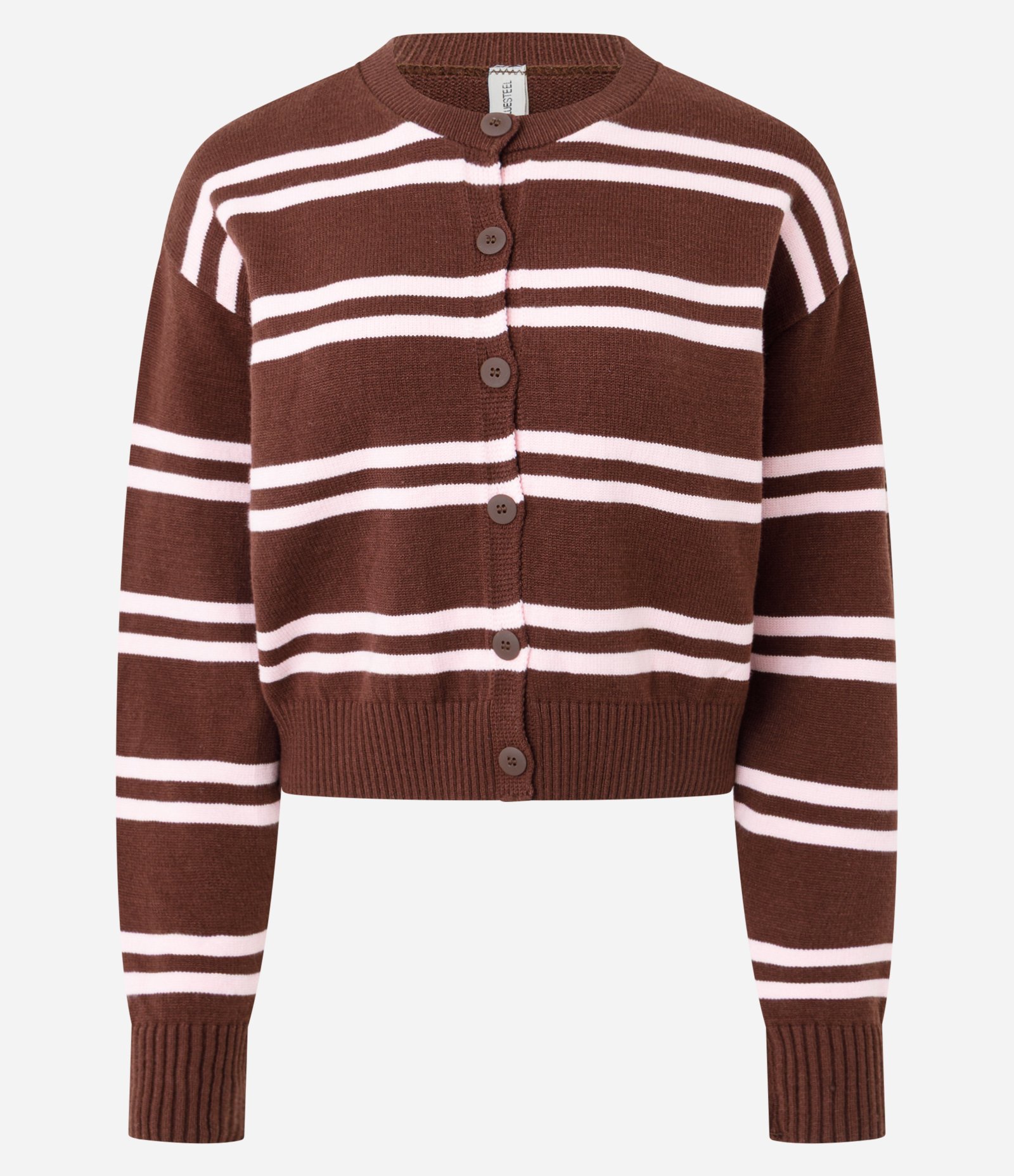 Cardigan Curto em Tricô Listrado com Abotoamento Marrom 6