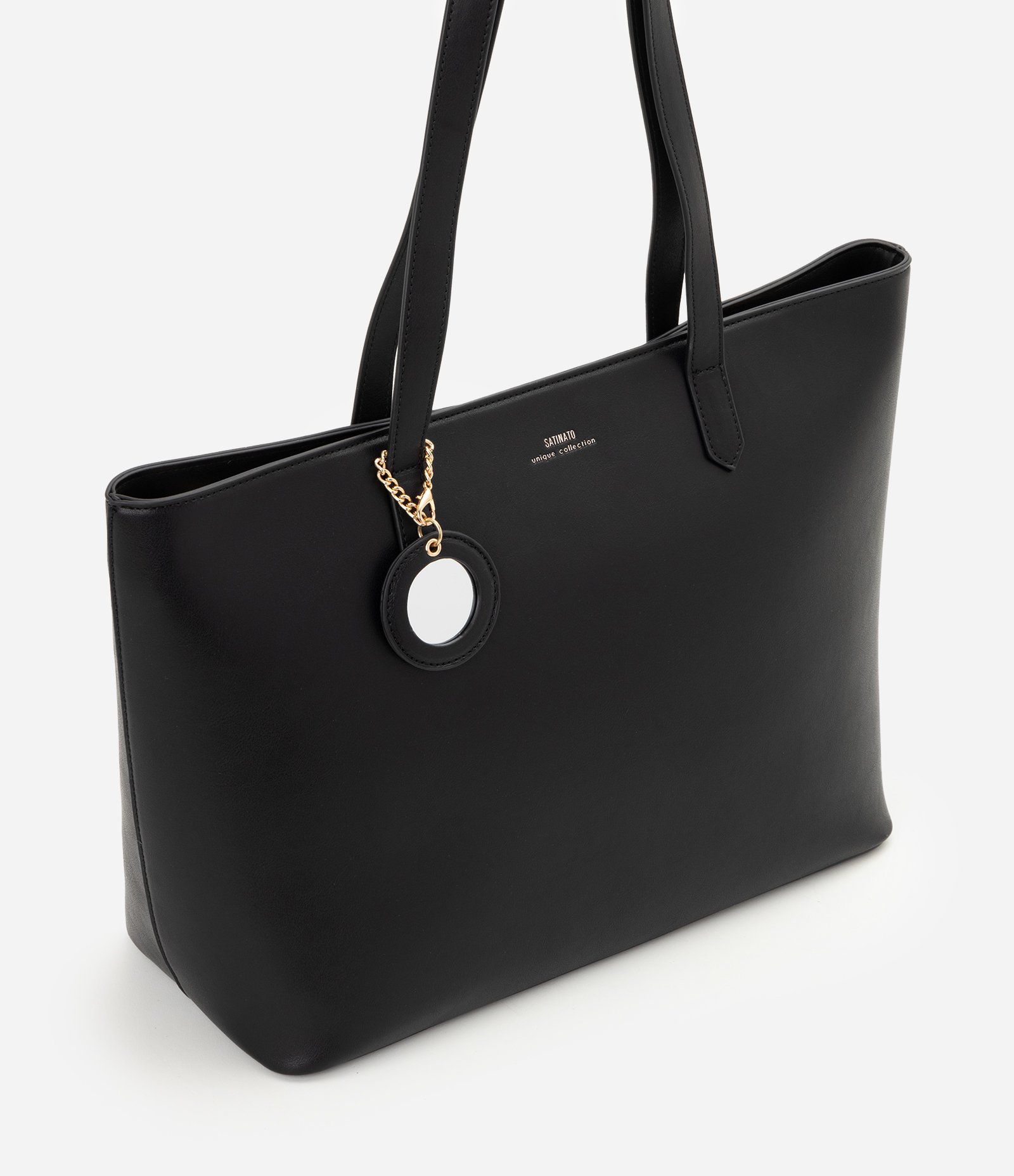 Bolsa Shopper Grande em PU com Pendente de Espelho Preto 1