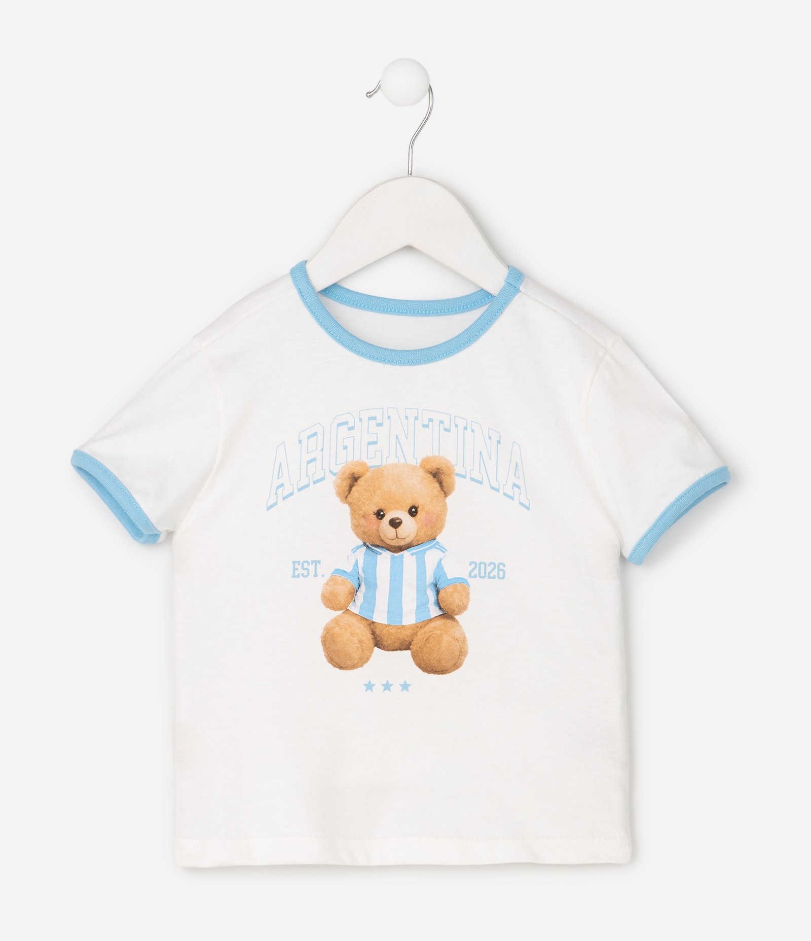 Camiseta Slim Algodão Estampa de Urso Argentina Infantil - Tam 1 a 6 Anos Branco 2