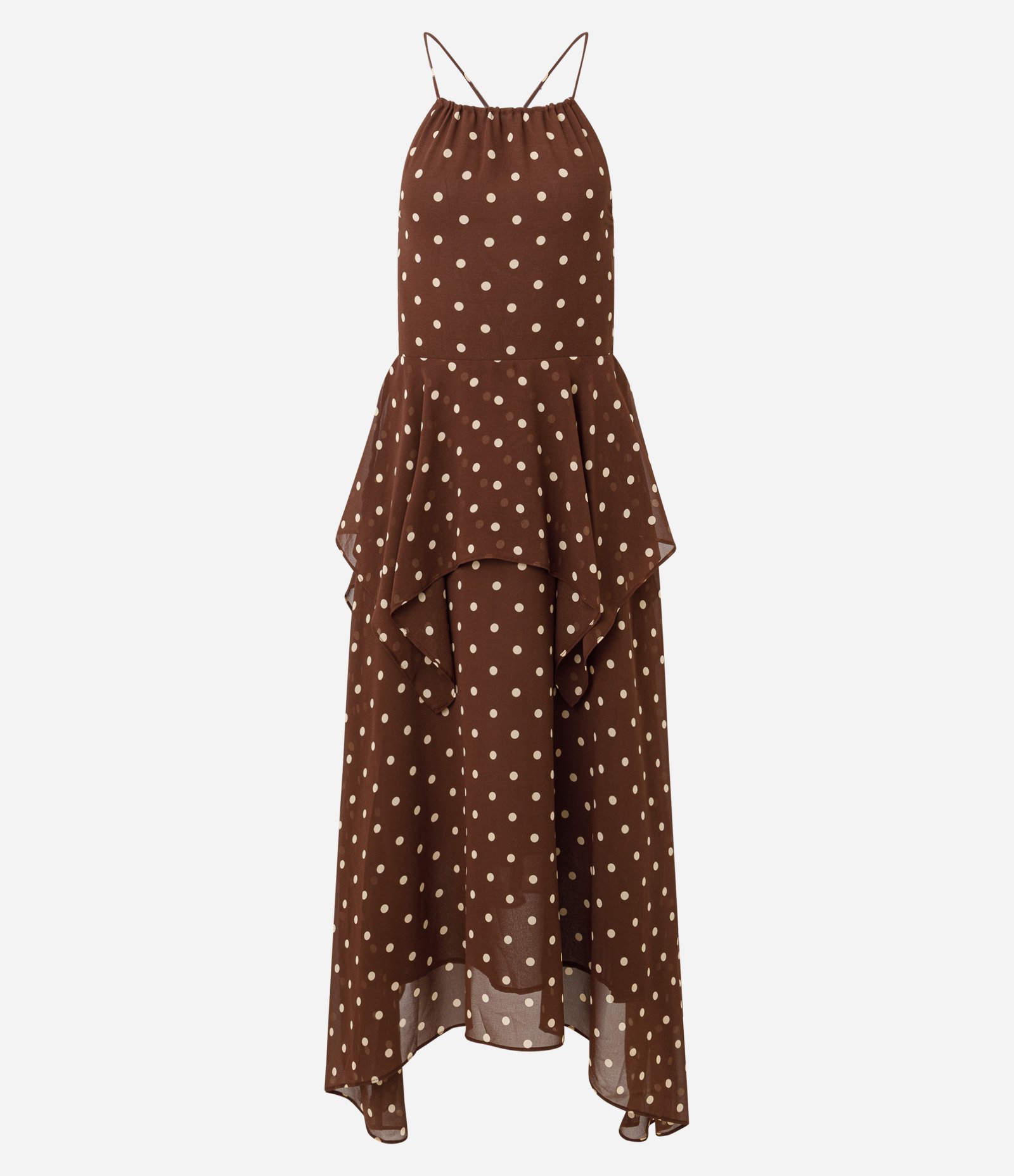 Vestido Midi em Chiffon com Estampa Poá e Babados Marrom 1