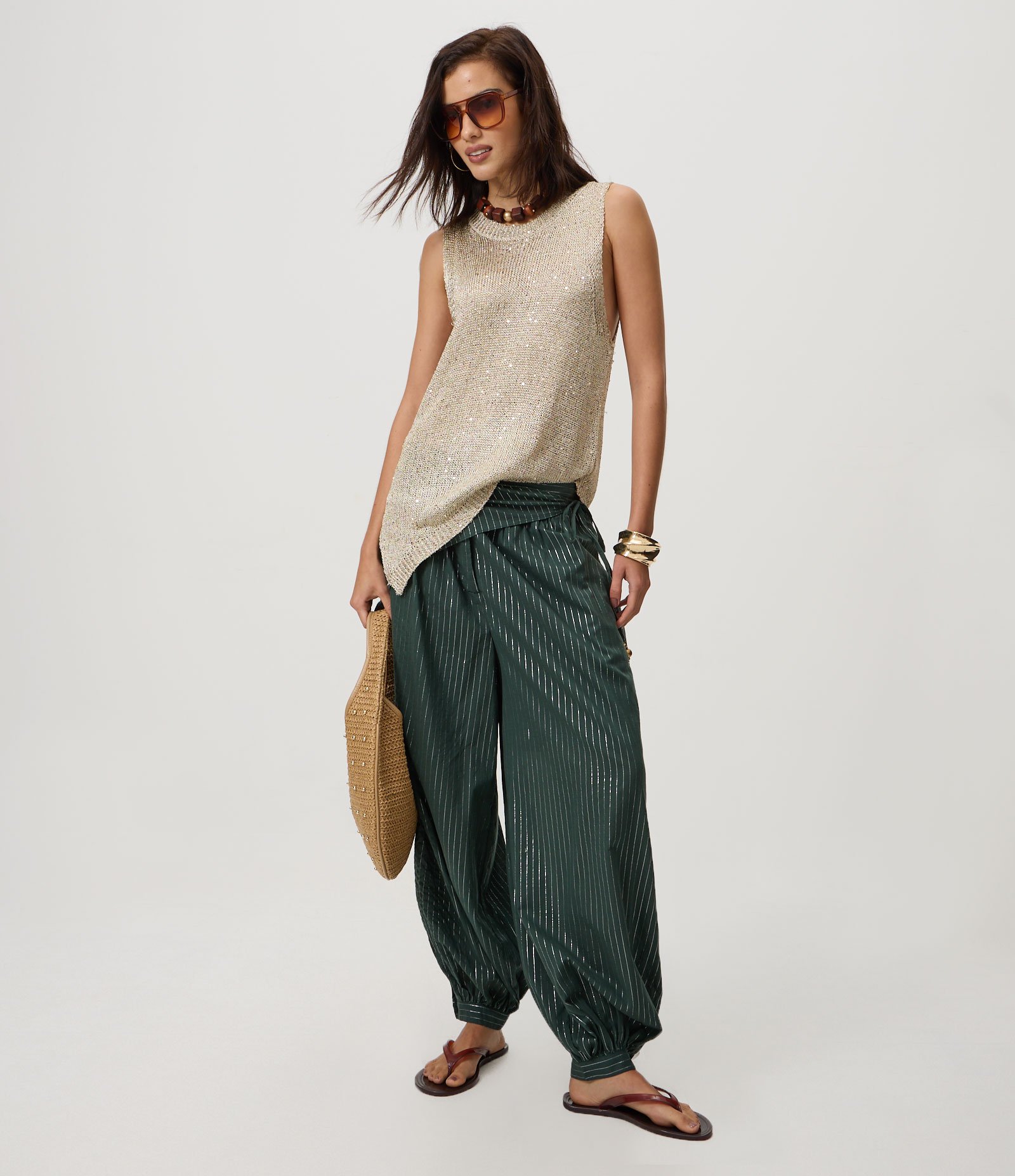 Calça Aladim em Algodão com Lenço Sobreposto Verde 1