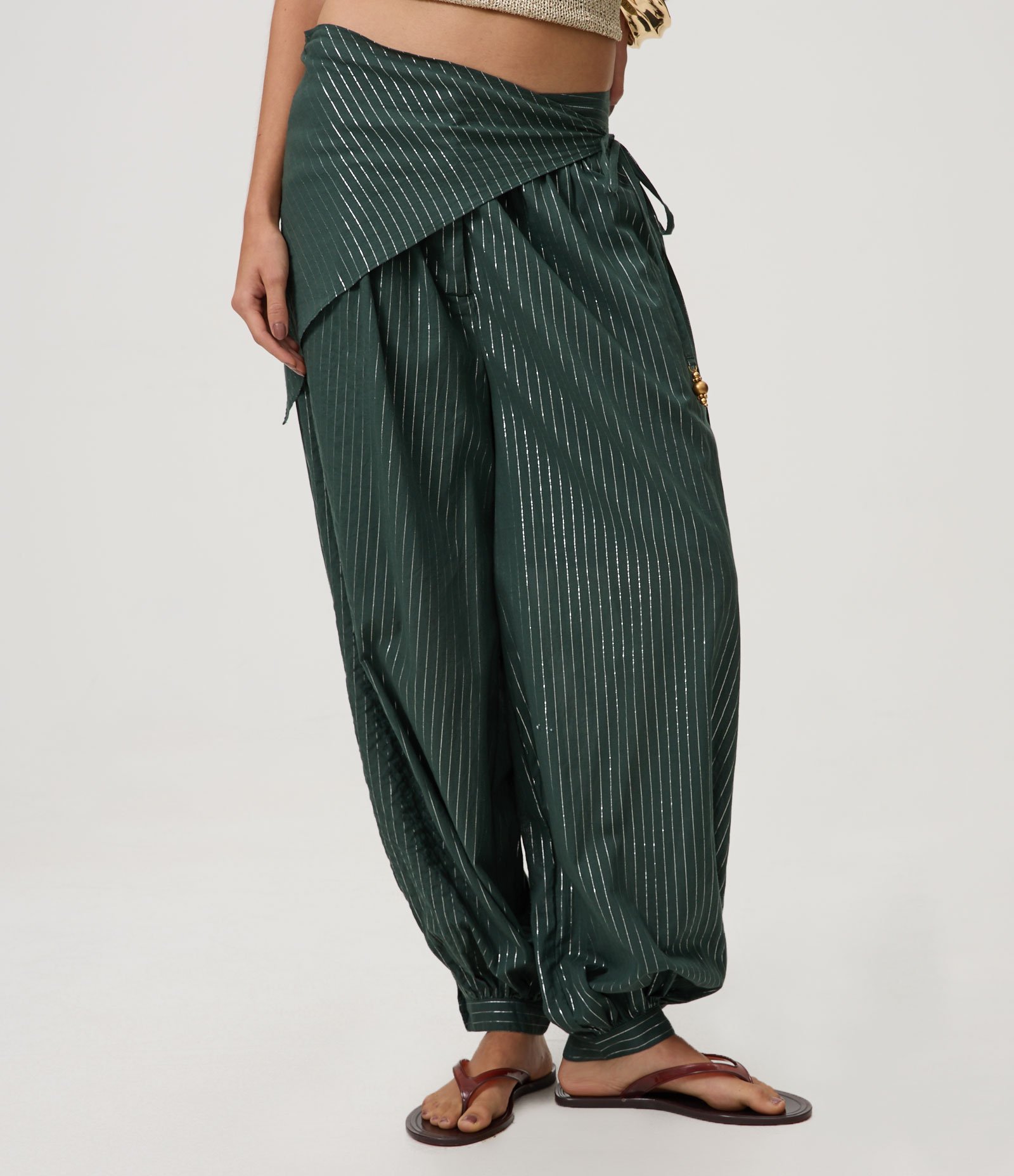 Calça Aladim em Algodão com Lenço Sobreposto Verde 2