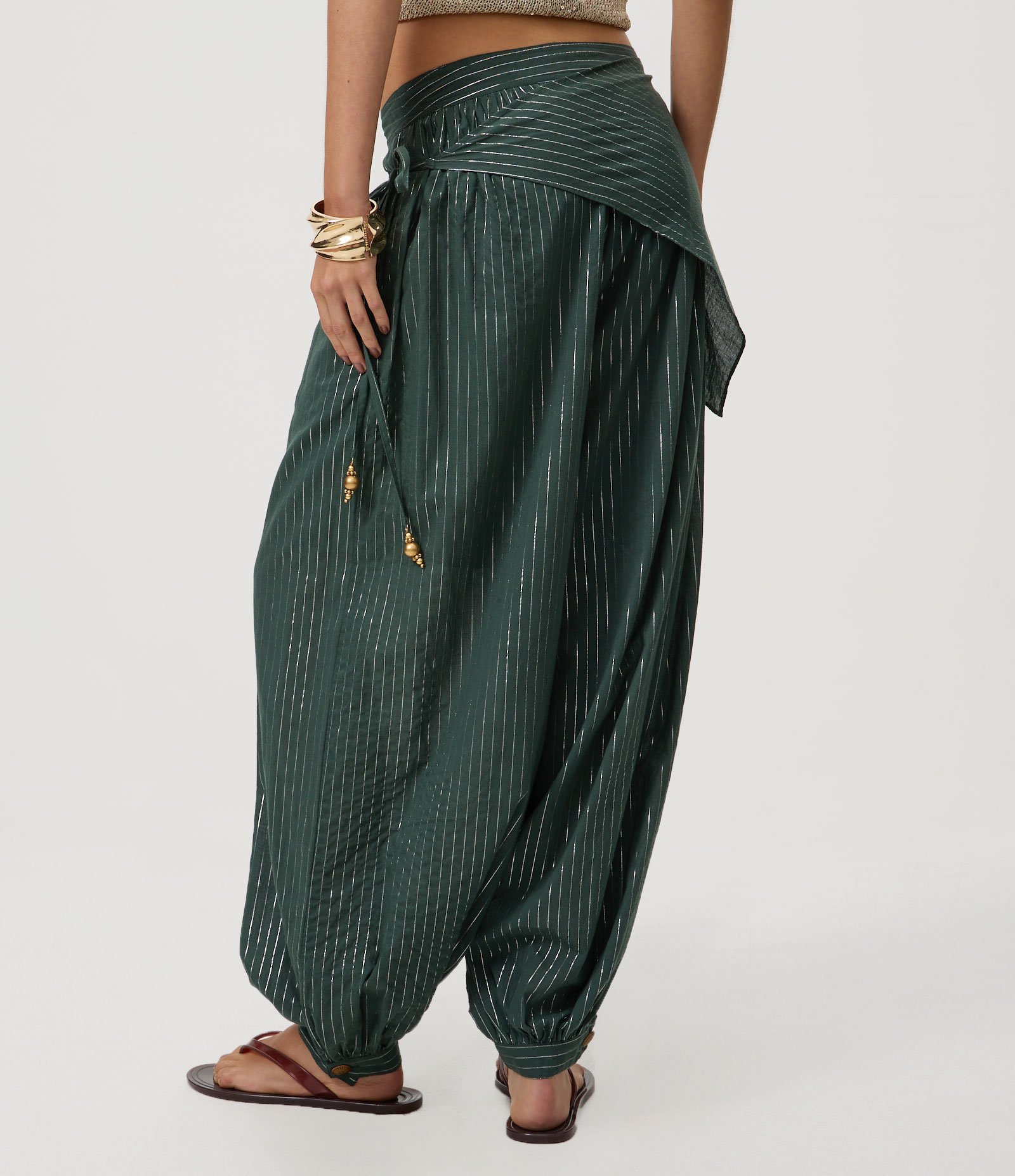 Calça Aladim em Algodão com Lenço Sobreposto Verde 4