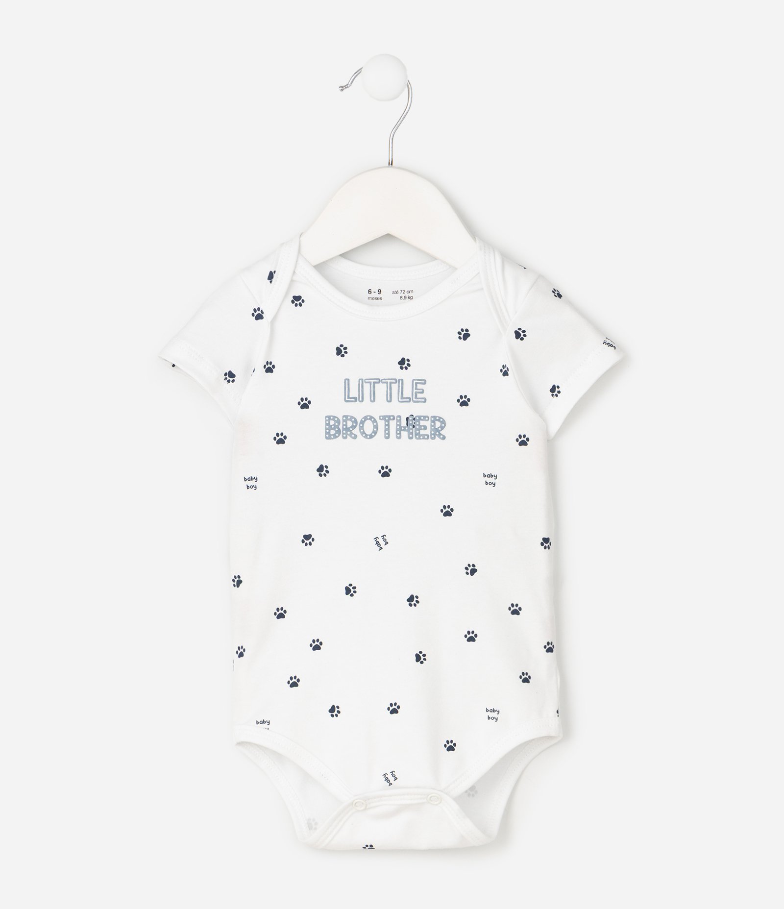 Body Bebê com Estampa Fullprint Patinhas e Lettering Little Brother – Tam RN a 18 Meses Branco 1