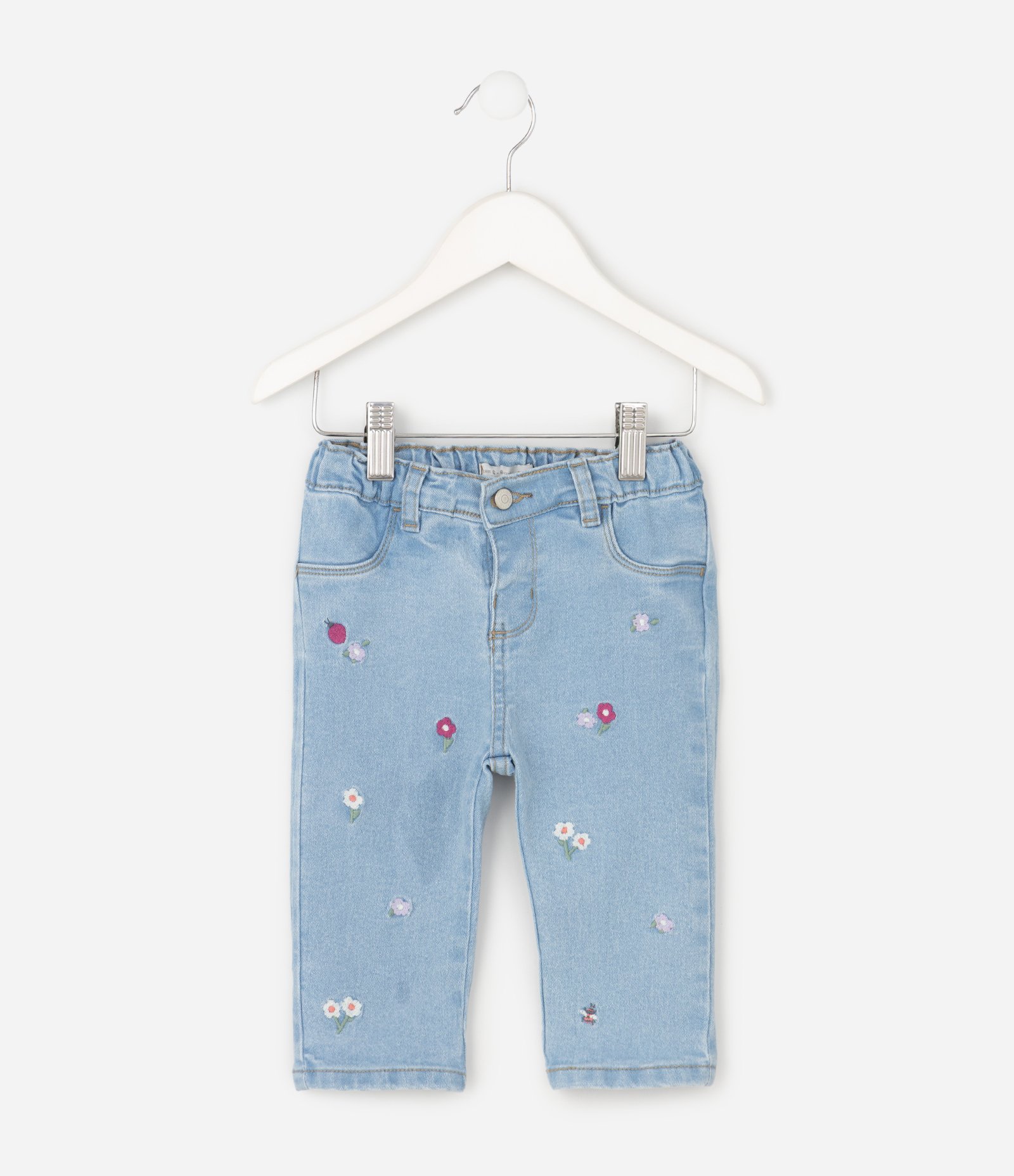 Calça Jeans Bebê com Bordado de Flores - Tam 3 A 18 Meses Azul 2