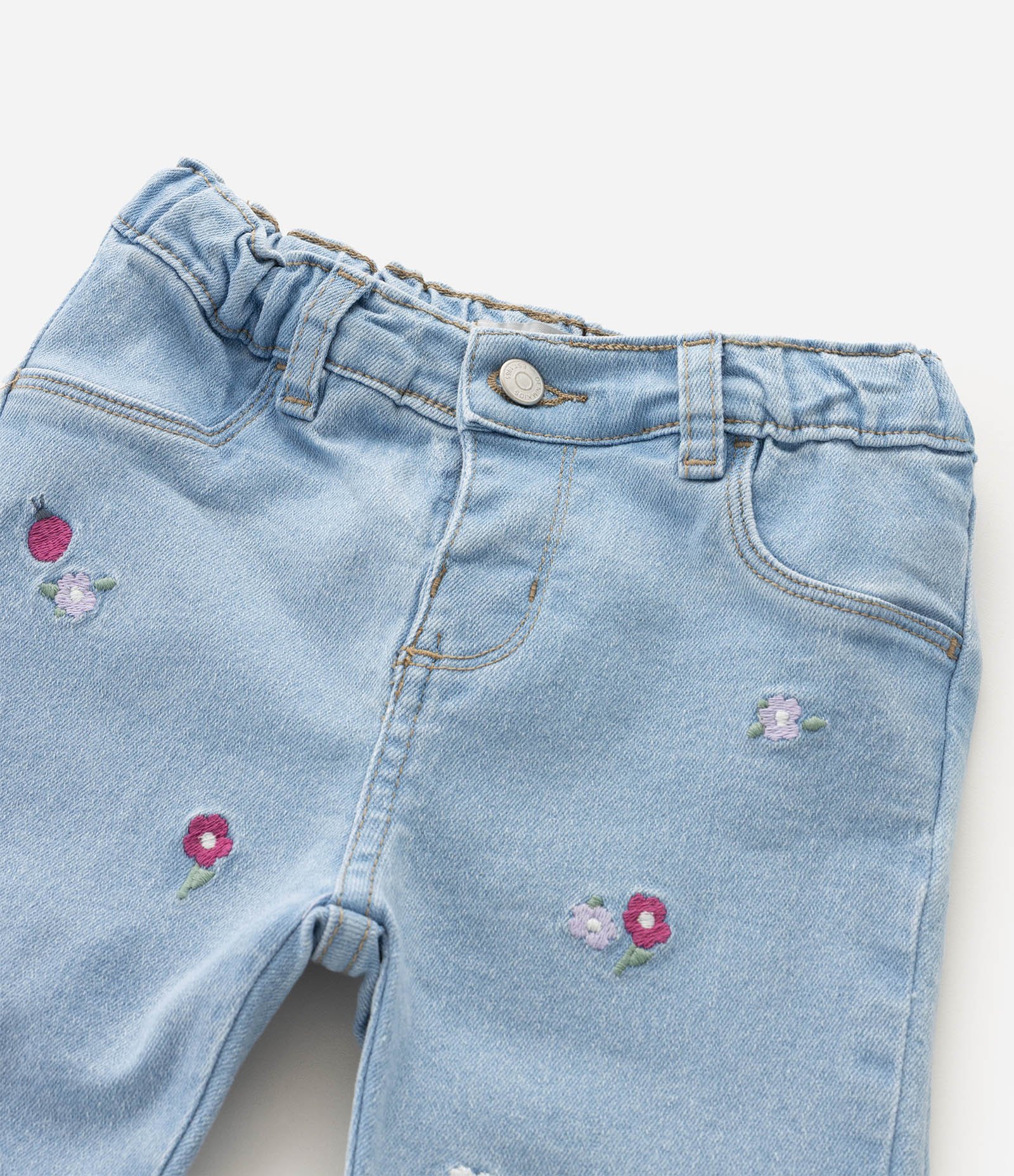 Calça Jeans Bebê com Bordado de Flores - Tam 3 A 18 Meses Azul 5