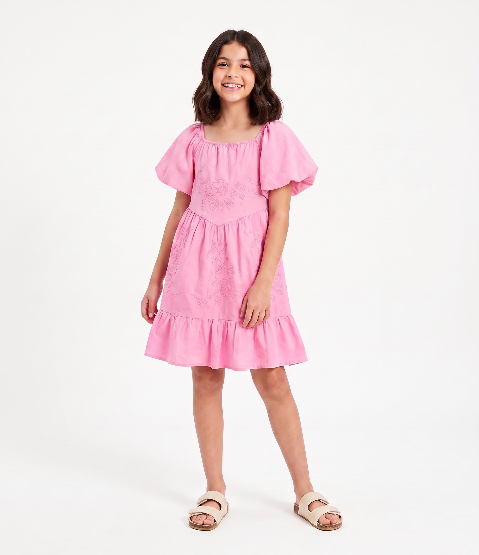 Vestido Infantil com Bordado e Mangas Bufantes - Tam 5 a 16 Anos Rosa 1