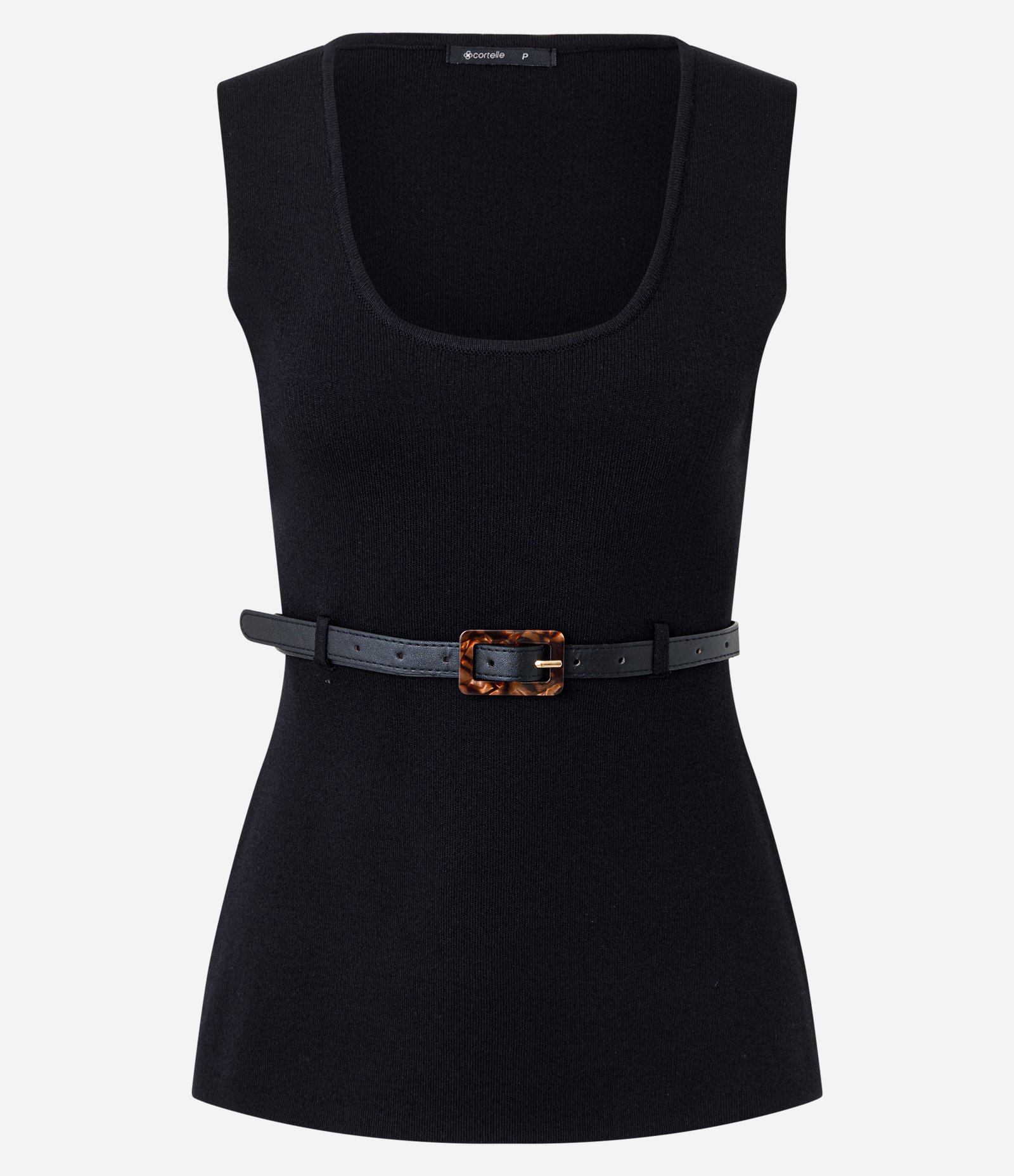 Blusa Alongada em Tricô com Cinto Fino Preto 1