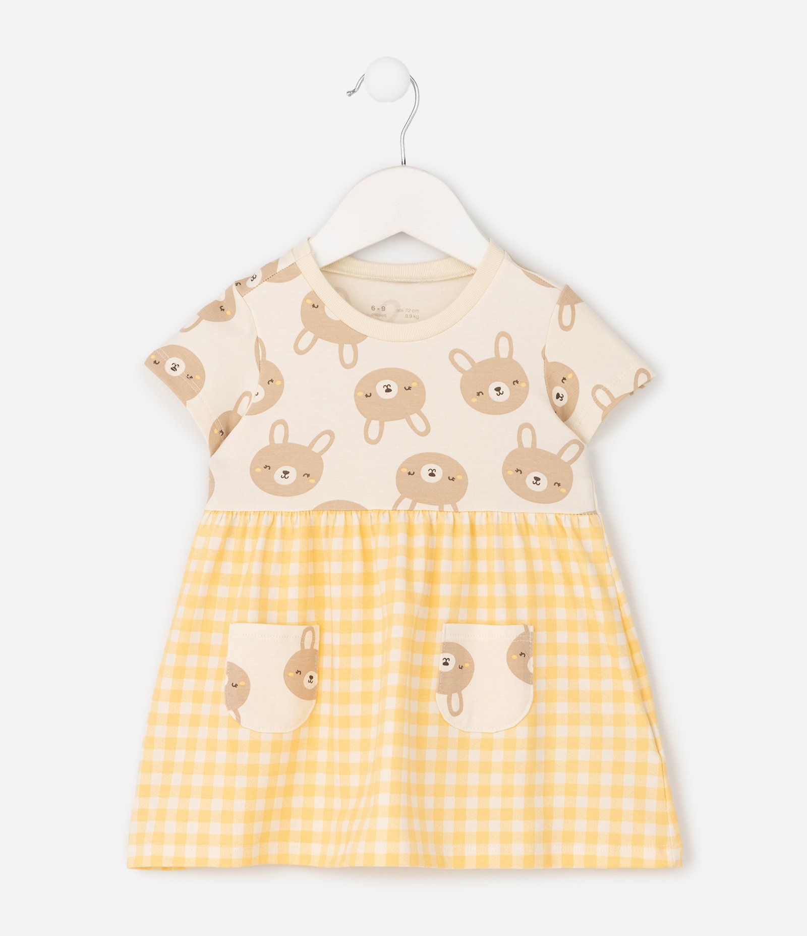 Vestido Infantil com Estampa de Ursinho e Bolsos - Tam 0 a 18 Meses Amarelo 2