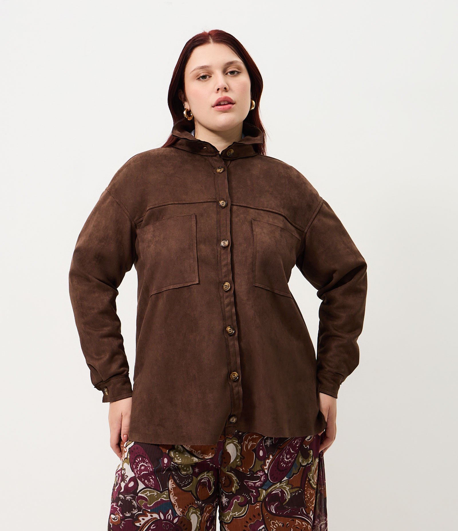 Camisa Overshirt Suede Com Botões Curve & Plus Size Marrom 1