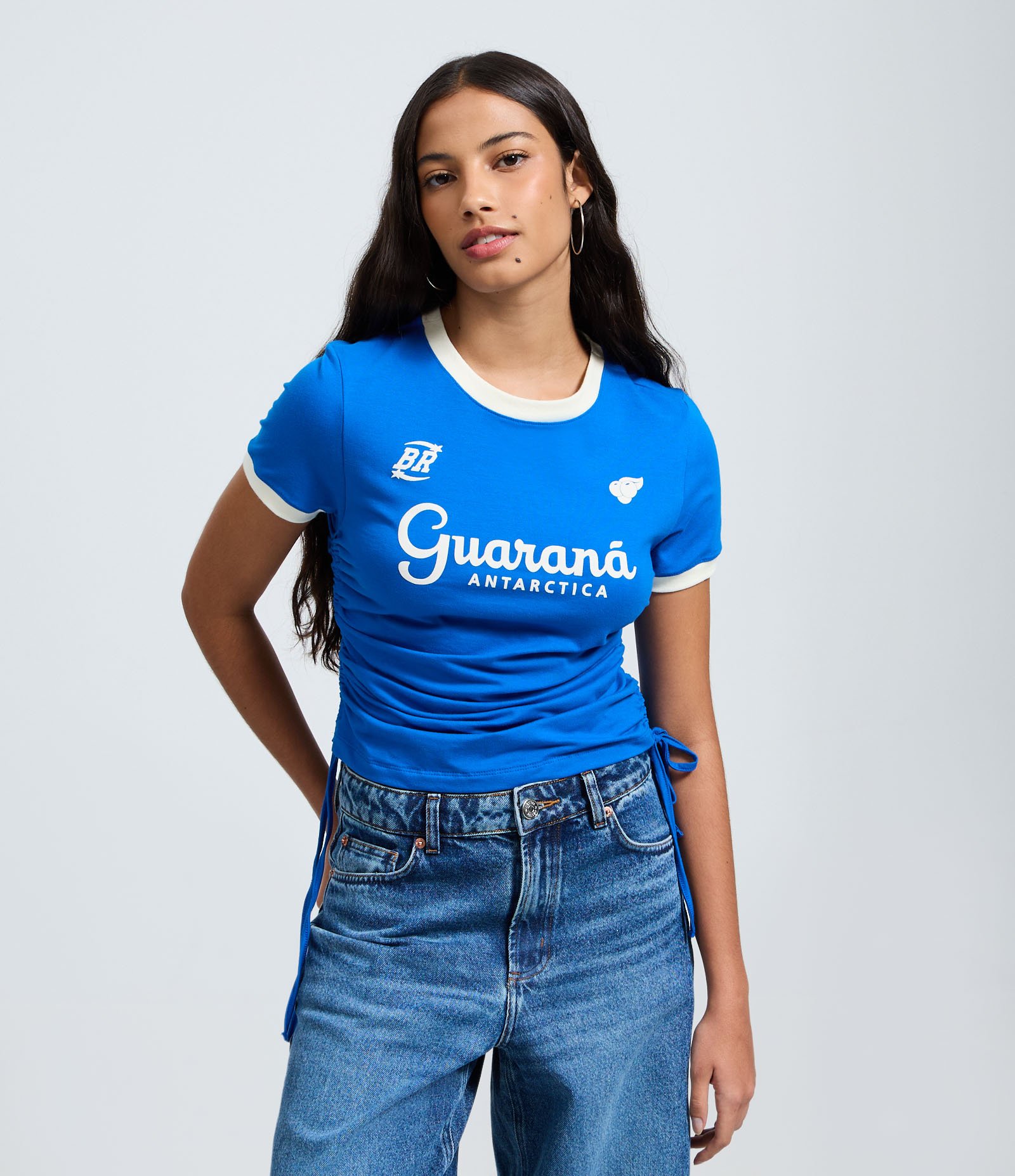 Camiseta em Algodão com Estampa Guaraná e Amarração Lateral Azul 1