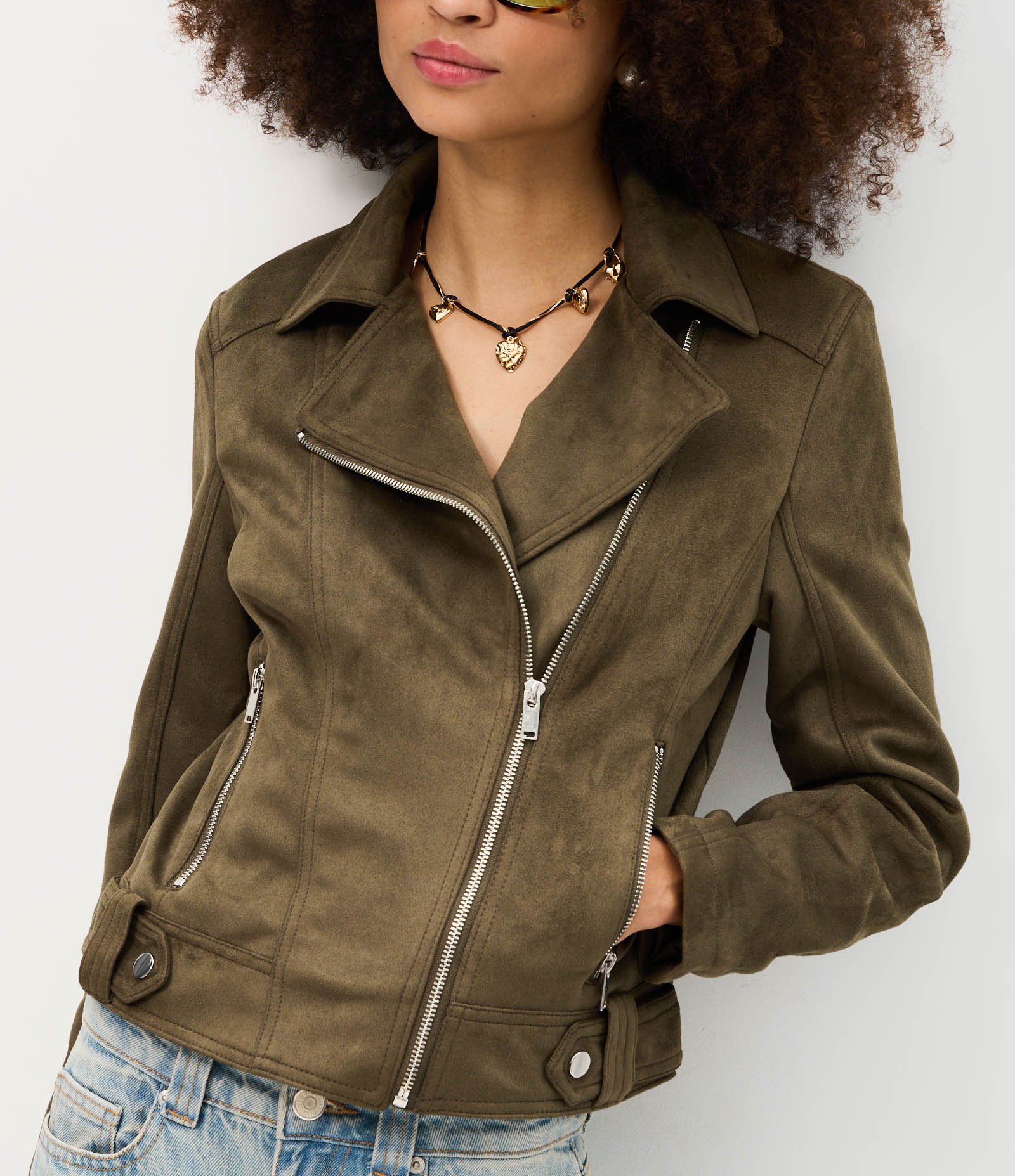 Jaqueta Biker em Suede com Bolsos e Zíper Verde 4