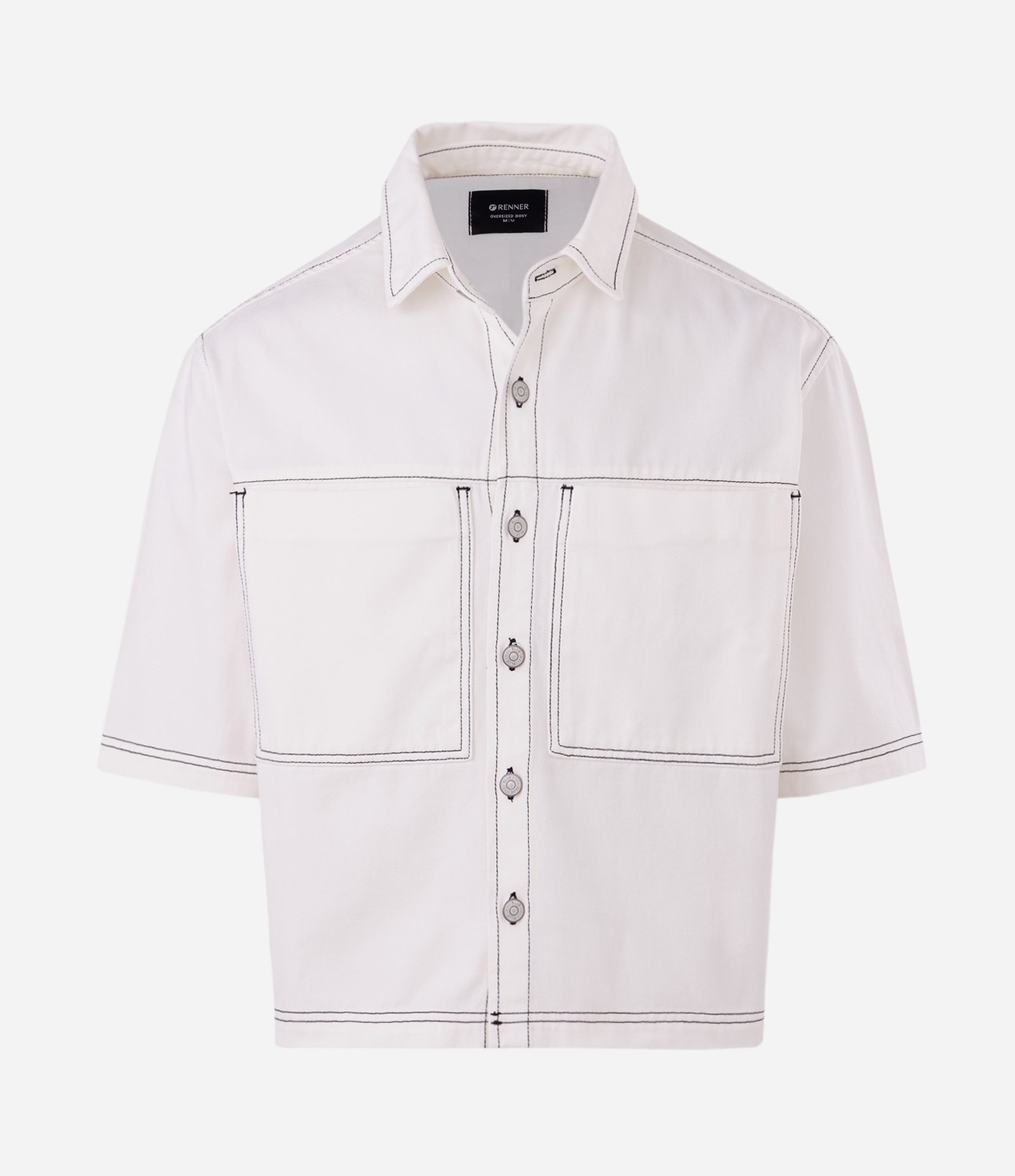 Camisa Boxy em Sarja com Bolsos Grandes e Costura Contrastante Branco 1