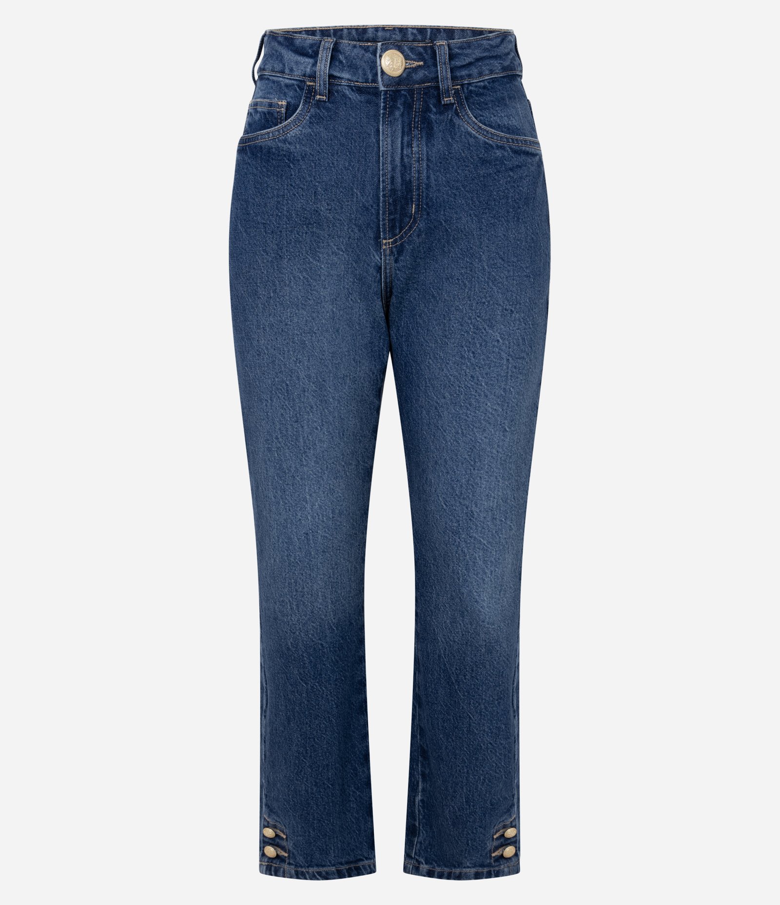 Calça Reta Cropped Jeans com Cintura Alta e Botões na Barra Azul 5
