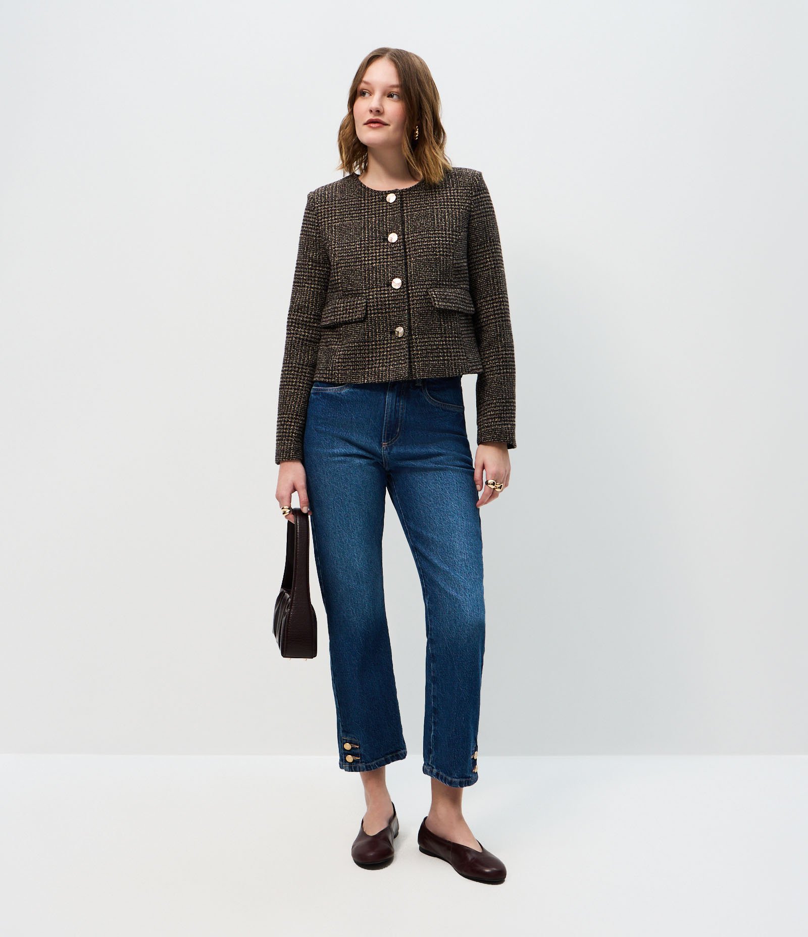 Calça Reta Cropped Jeans com Cintura Alta e Botões na Barra Azul 1