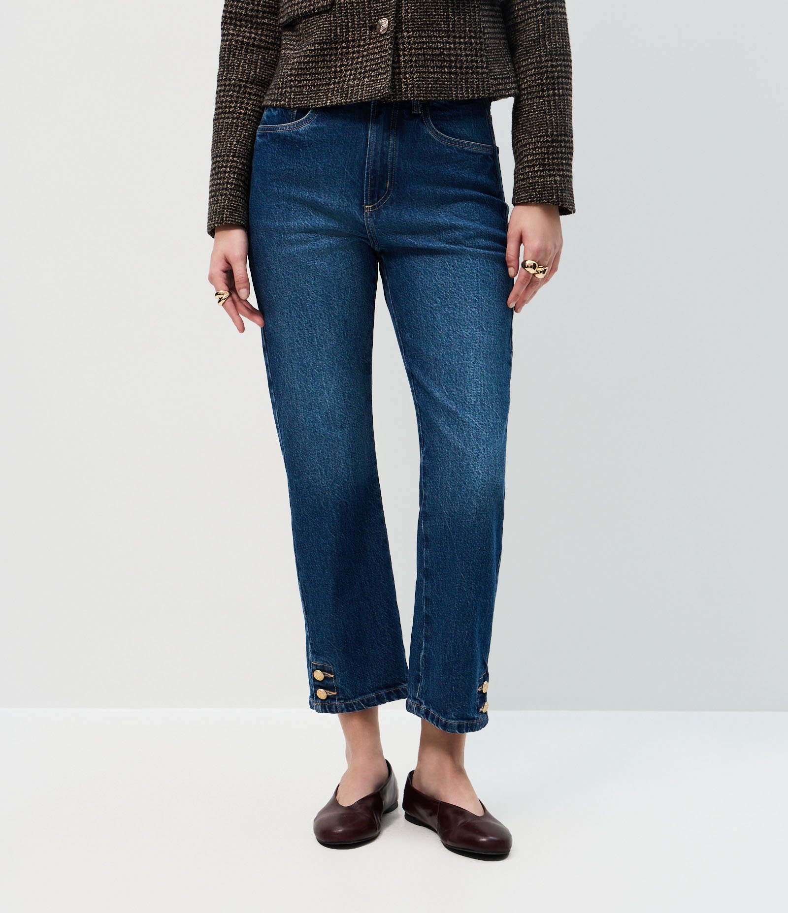 Calça Reta Cropped Jeans com Cintura Alta e Botões na Barra Azul 3