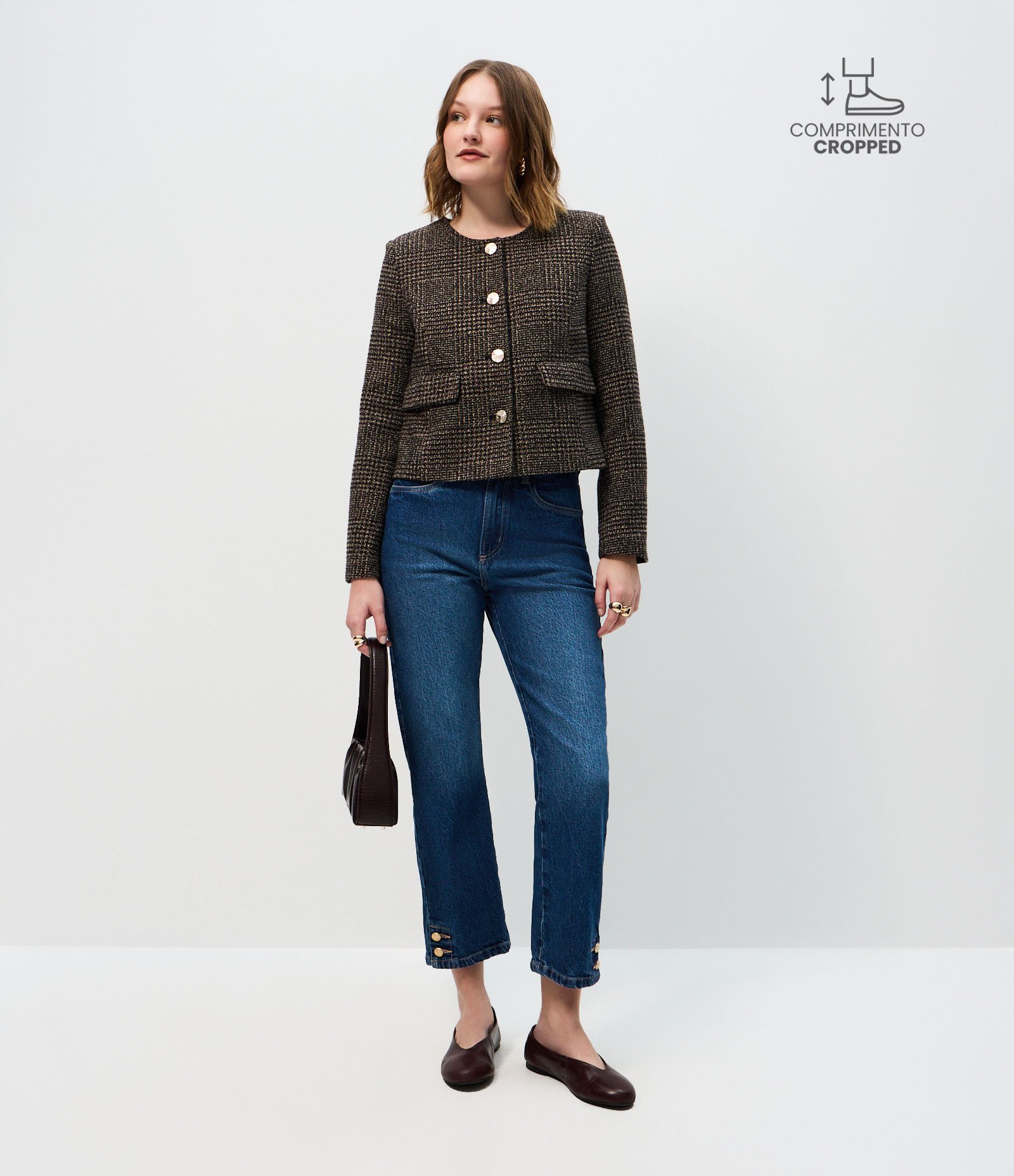 Calça Reta Cropped Jeans com Cintura Alta e Botões na Barra Azul 1