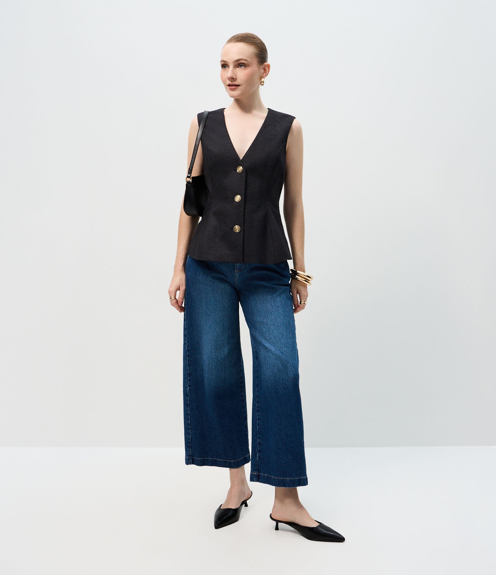 Calça Jeans Wide Cropped com Cintura Alta Azul 1
