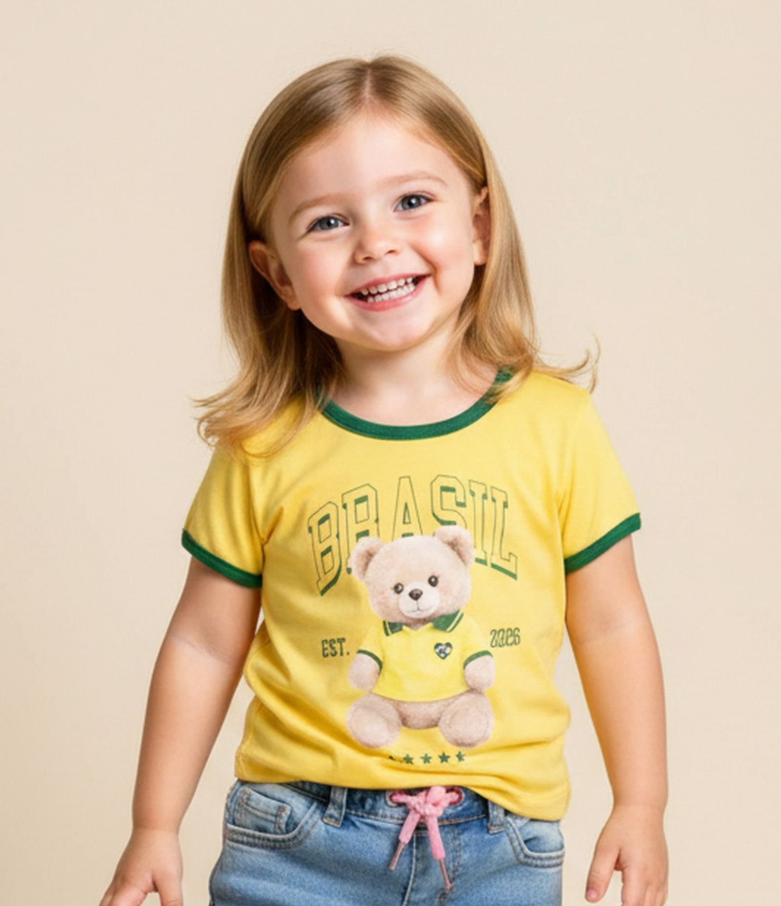 Camiseta Infantil com Estampa Urso Brasil na Copa - Tam 1 a 6 Anos Amarelo 1