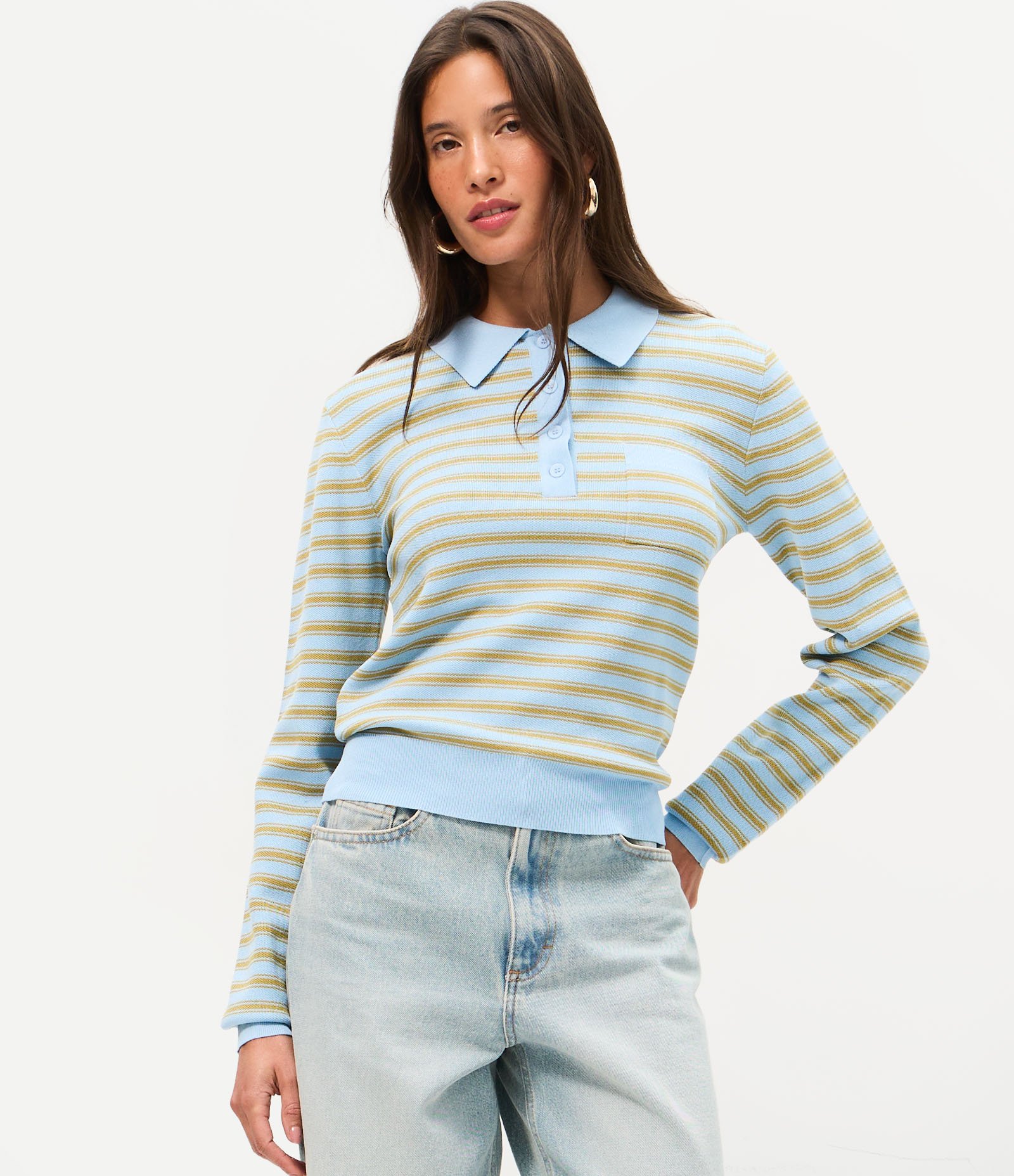 Blusa em Tricô Listrada com Gola Polo e Botões Azul 1