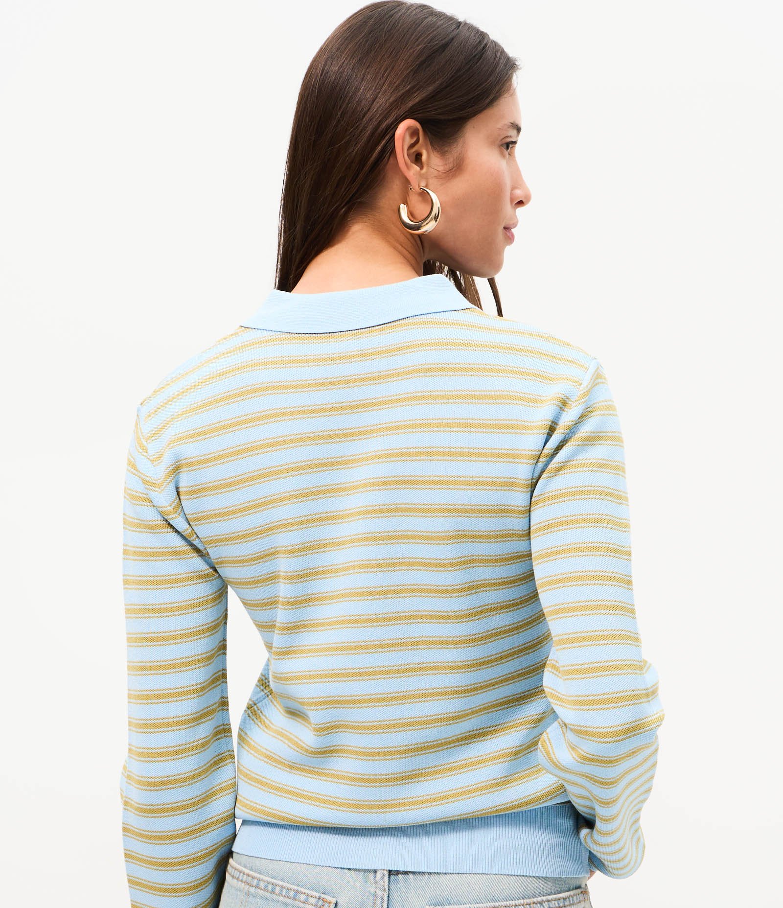 Blusa em Tricô Listrada com Gola Polo e Botões Azul 4