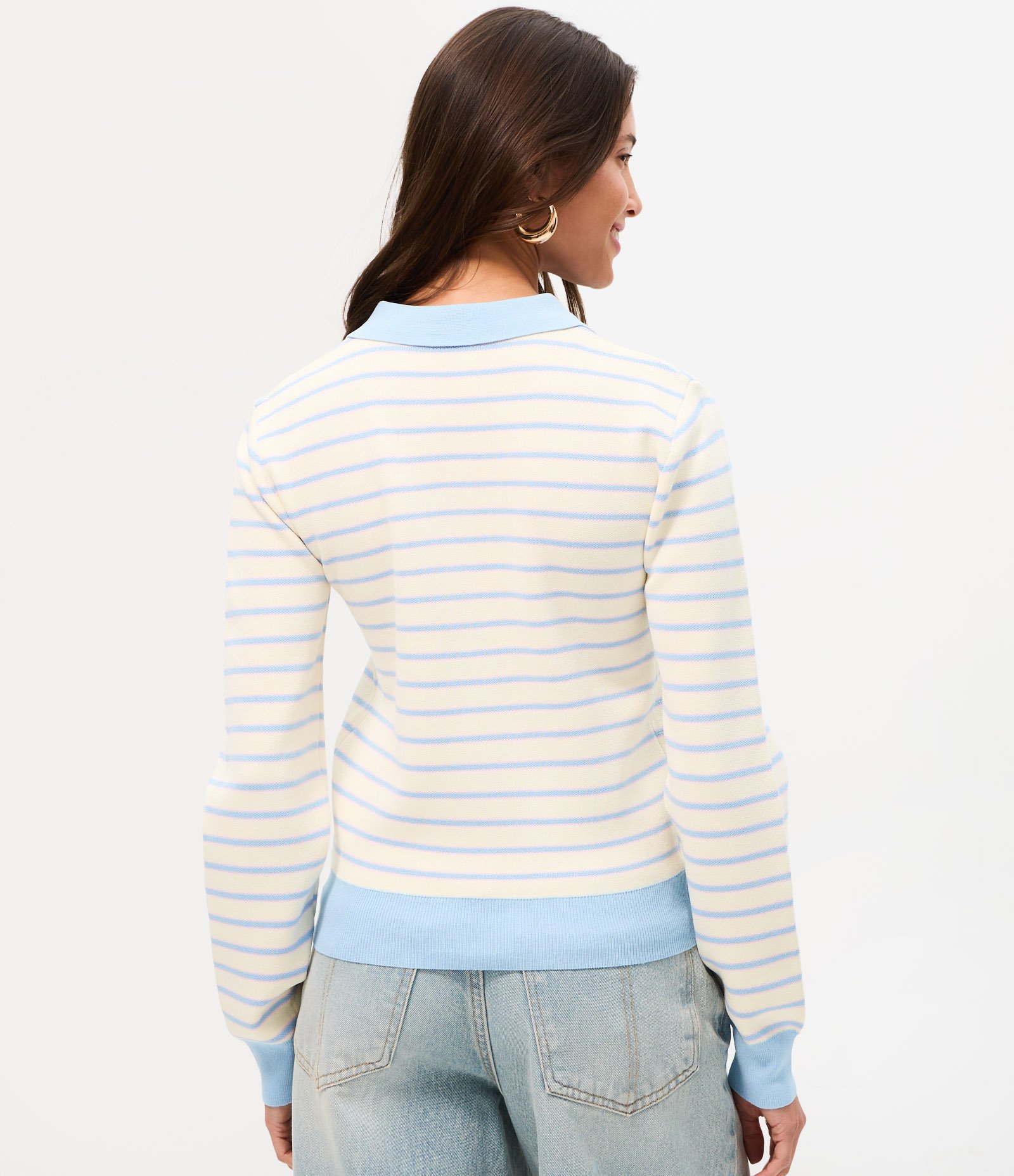 Blusa em Tricô Listrada com Gola Polo e Botões Bege 6