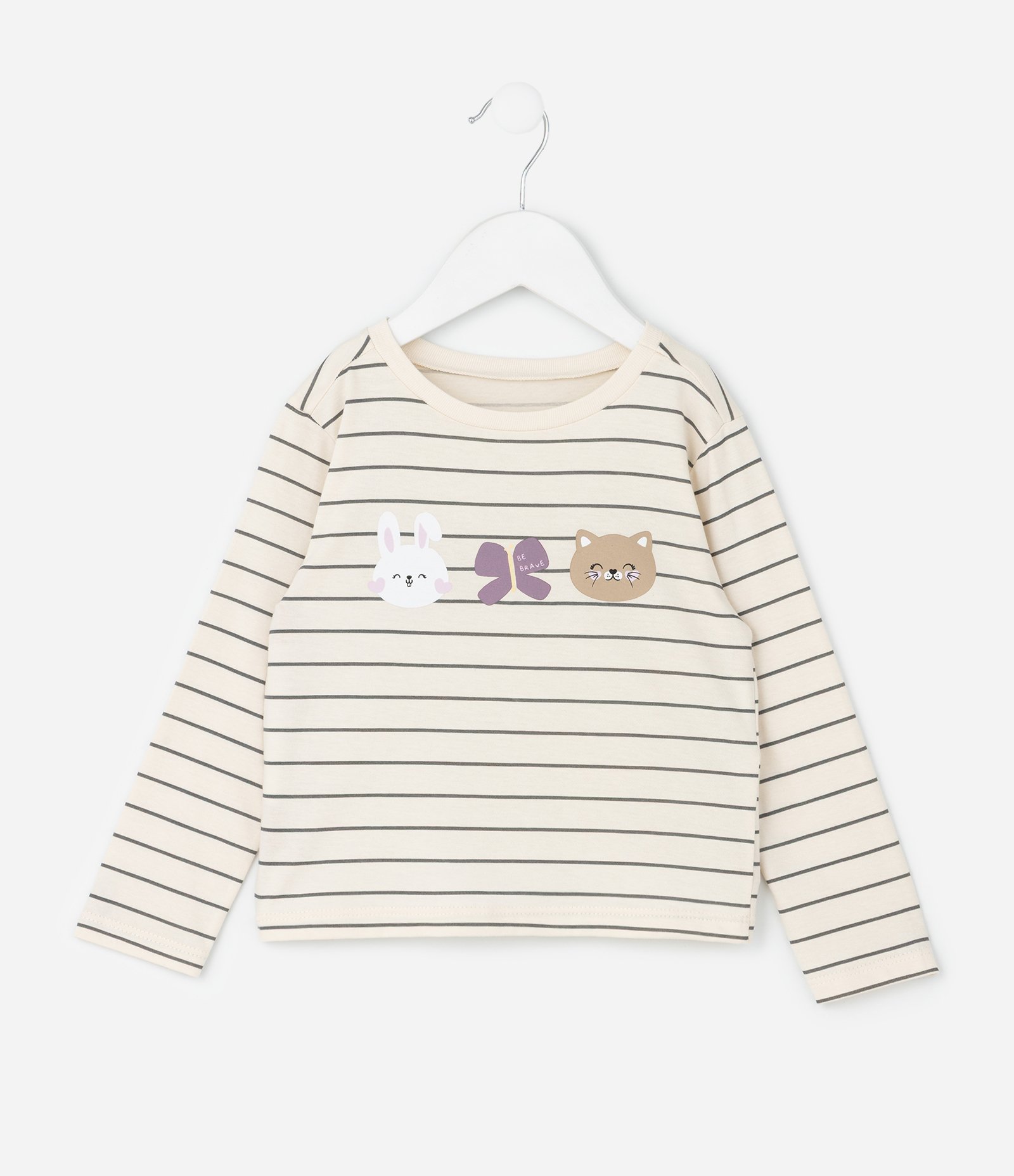 Camiseta Infantil Listrada com Estampa de Amigos – Tam 1 a 6 Anos Bege/Preto 1