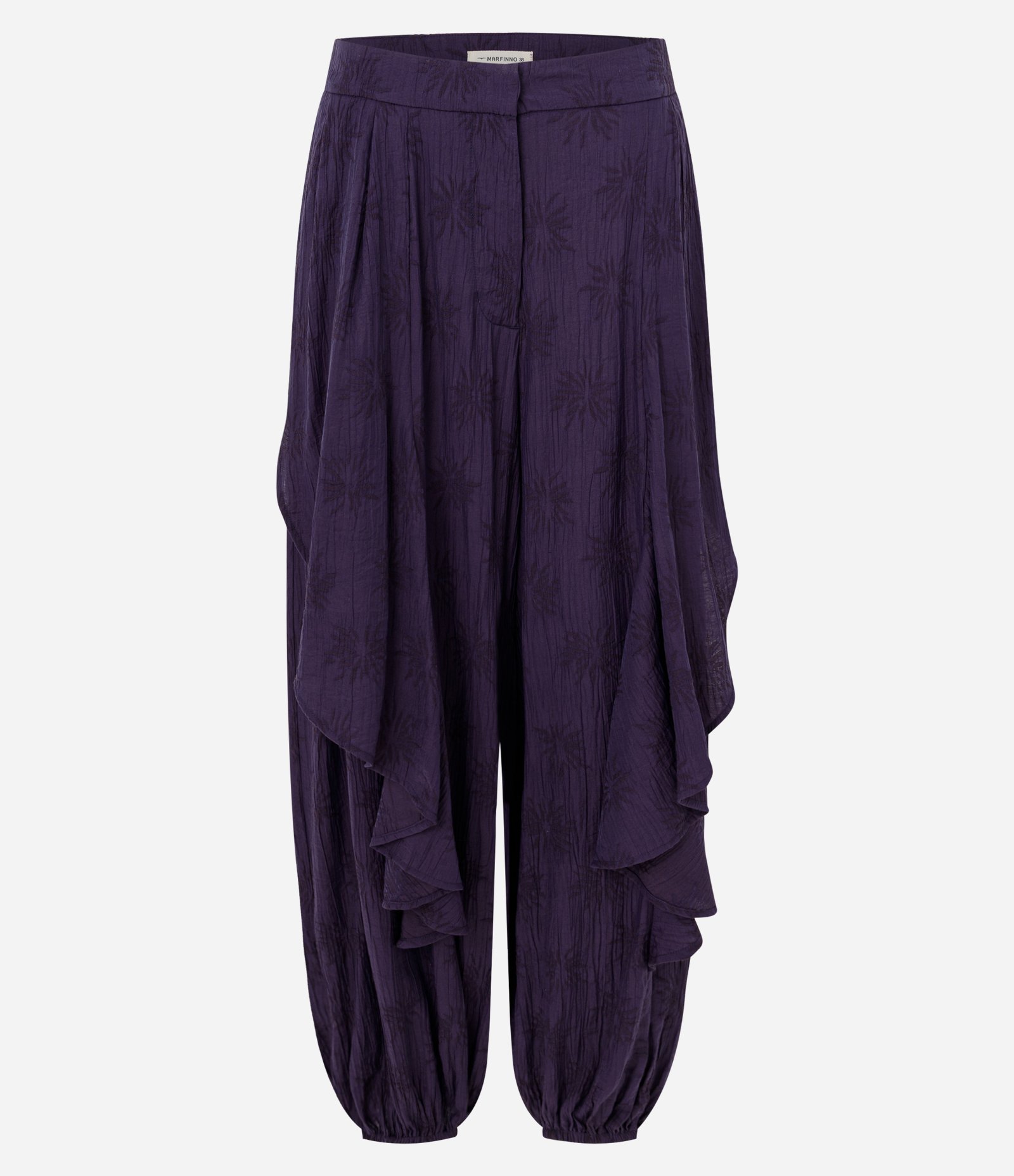 Calça Aladim em Jacquard com Babados Roxo 1