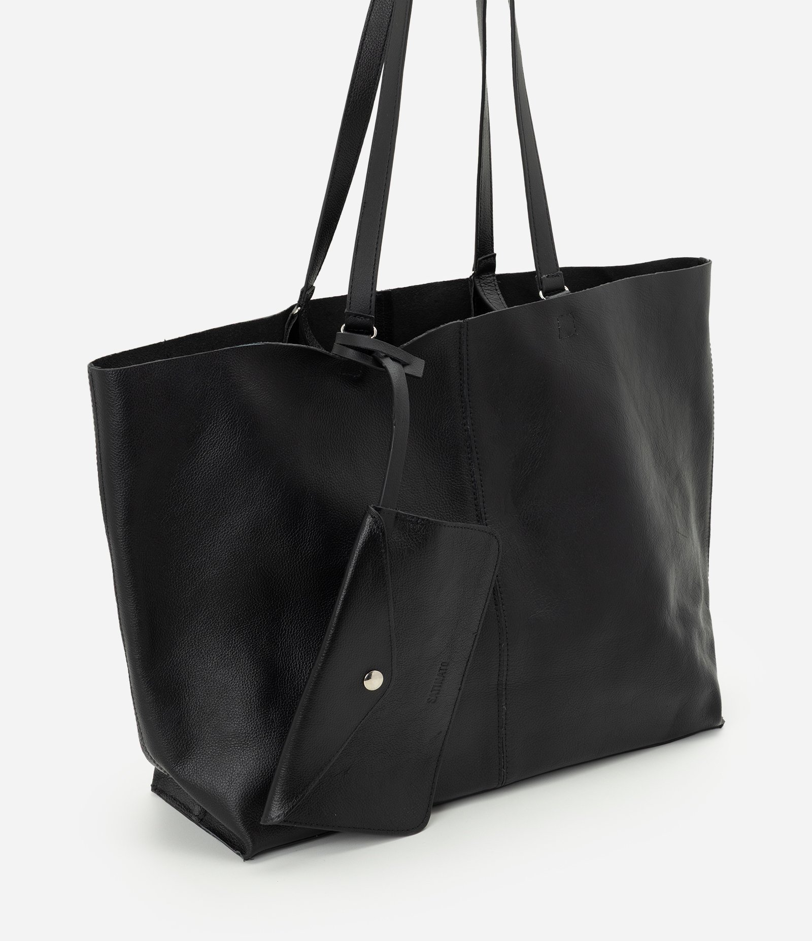 Bolsa Grande em Couro com Bolso Interno e Carteira Preto 1