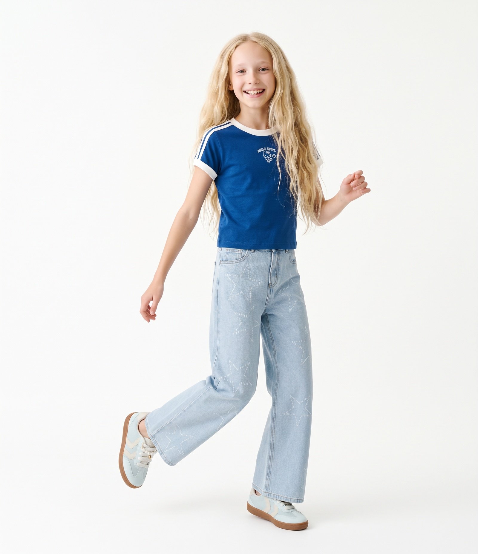 Baby Look Infantil com Bordado Hello Kitty – Tam 5 a 16 Anos Azul 1